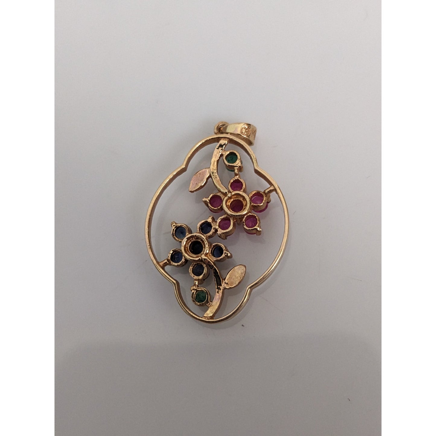 Estate 14k Yellow Gold Pink and Blue Gem Flowers Pendant