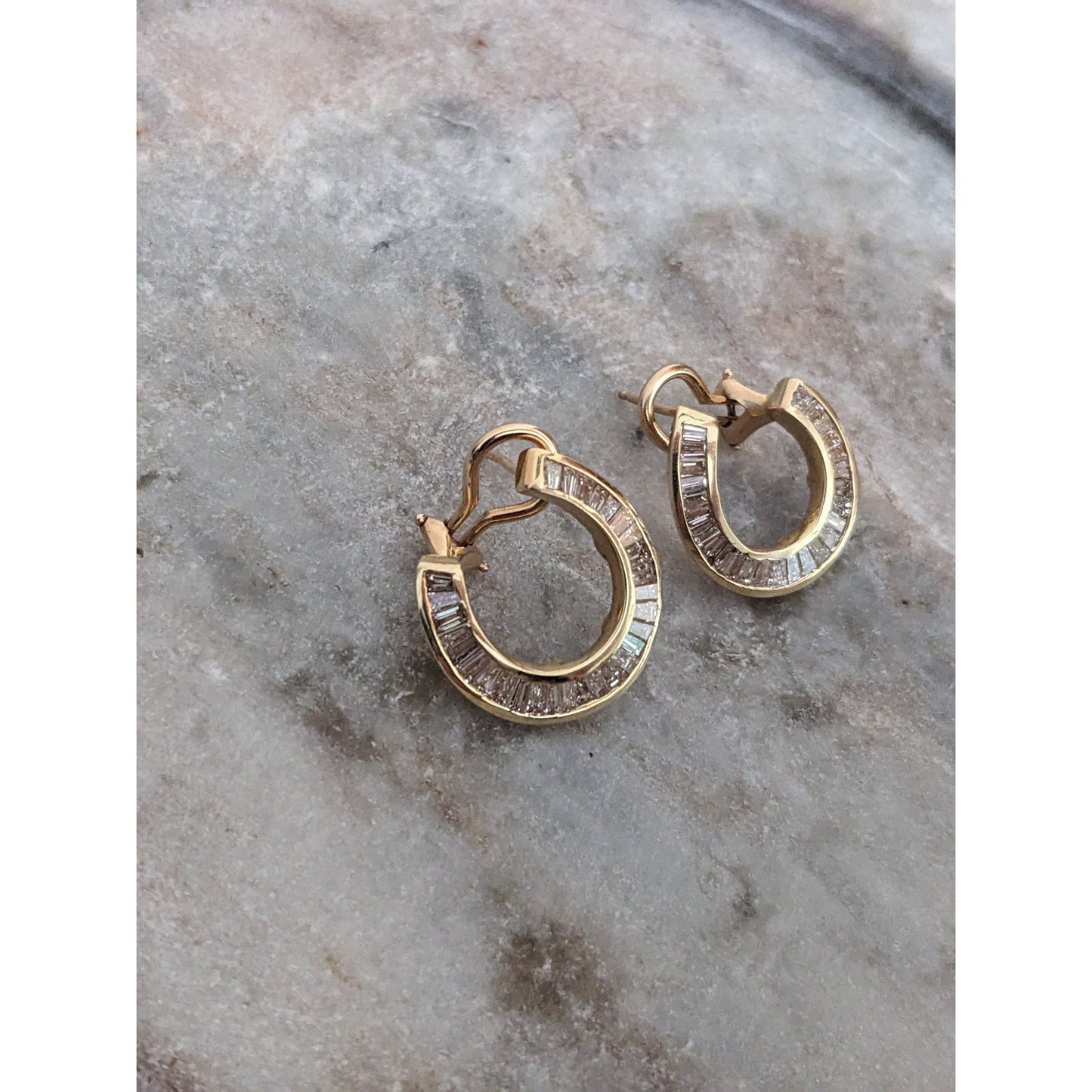 Estate 14k Yellow Gold Baguette Diamonds Omega Backing Earrings