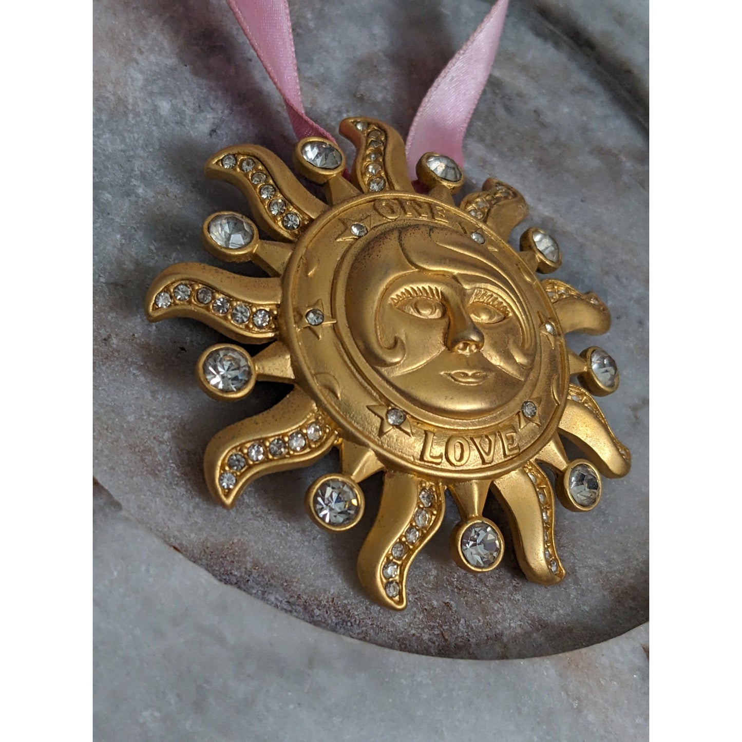Vintage Kirks Folly Gold Tone Sun Face One Love Brooch/Pendant