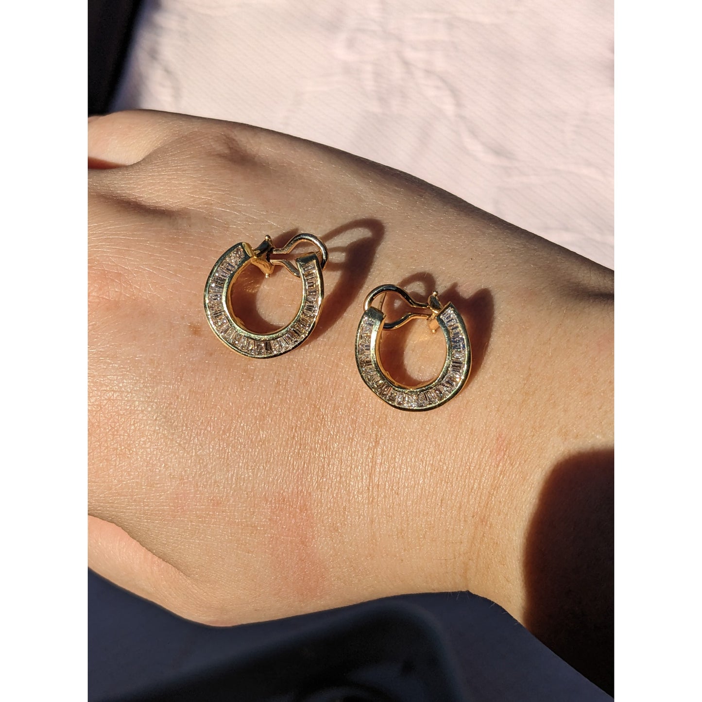 Estate 14k Yellow Gold Baguette Diamonds Omega Backing Earrings