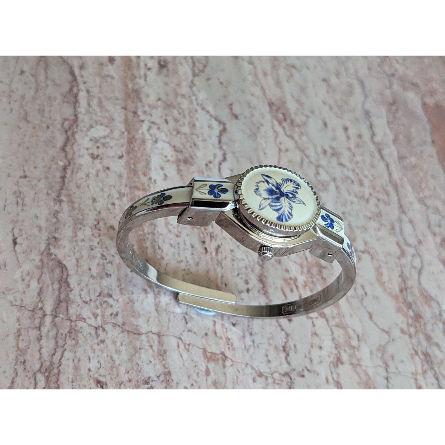 Vintage Andre Mouche Silver Tone Bangle Watch White Enamel Blue Florals