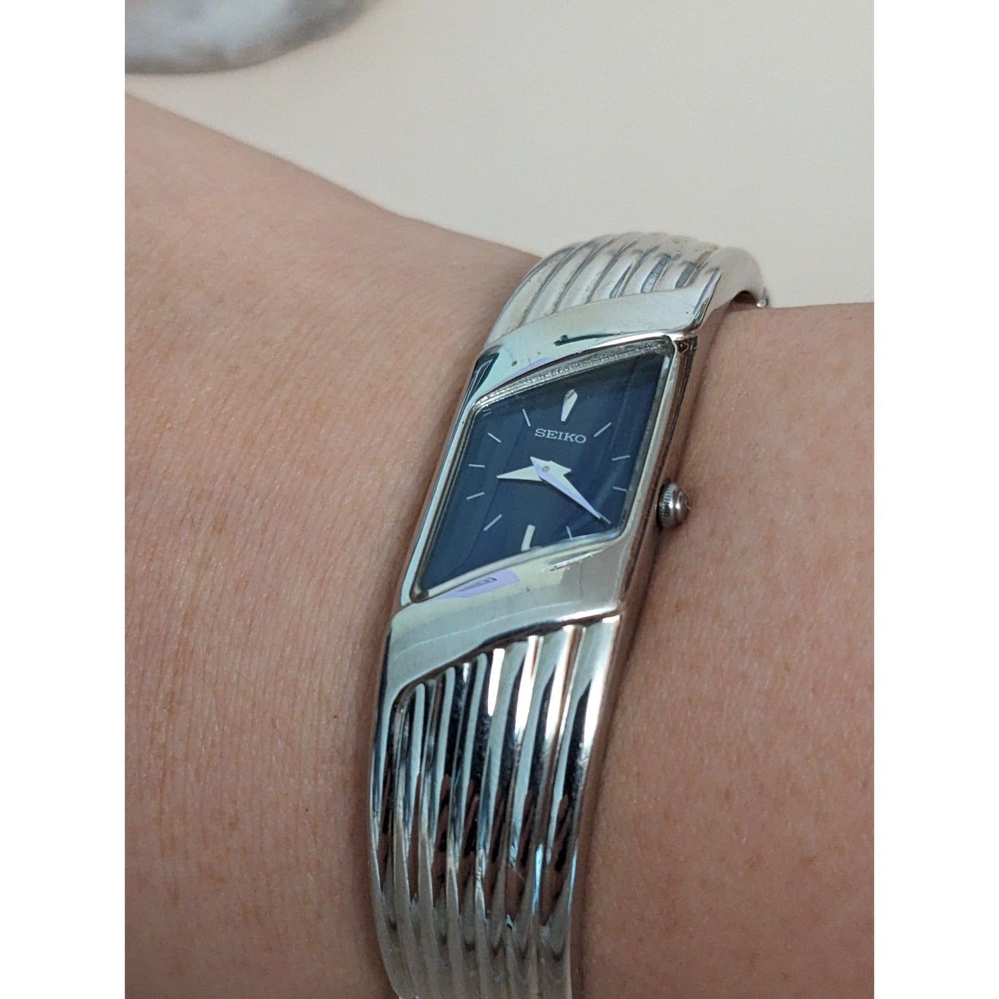Vintage Andre Mouche Silver Tone Bangle Watch with Blue Floral Enamel Working