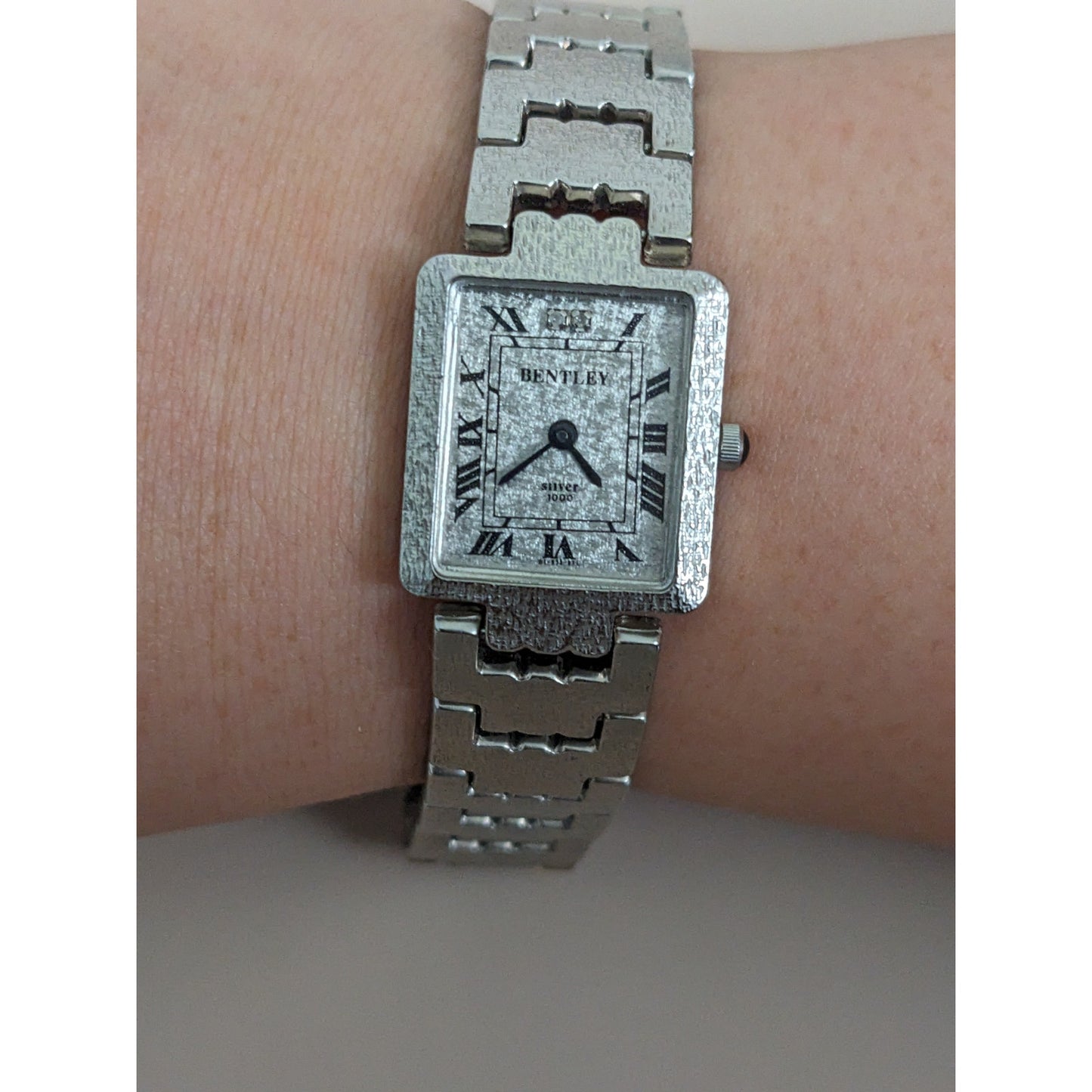 Vintage Andre Mouche Silver Tone Bangle Watch with Blue Floral Enamel Working