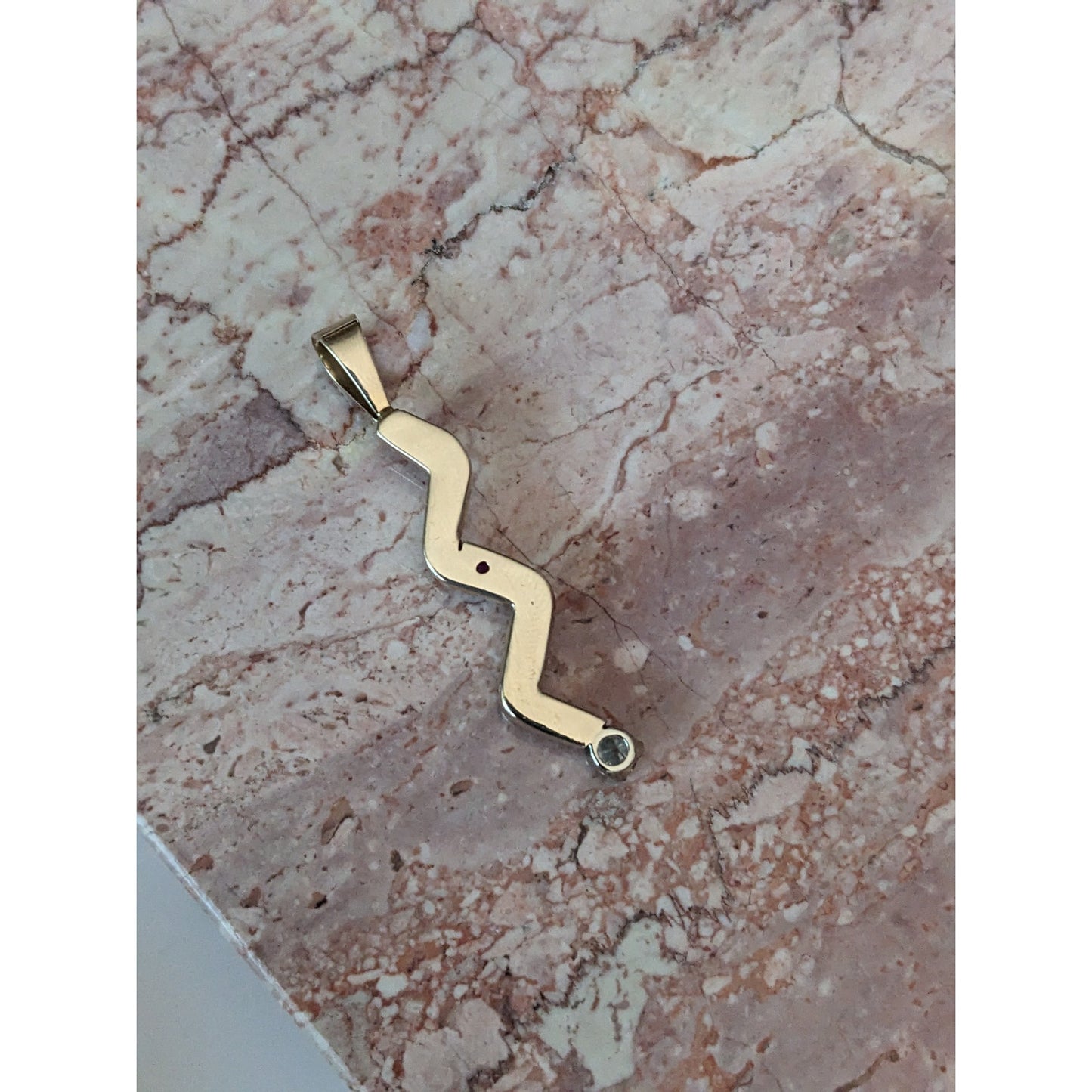 Vintage Unmarked 12k Gold Wavy Squiggle Pendant with Ruby and Diamond (Chipped)