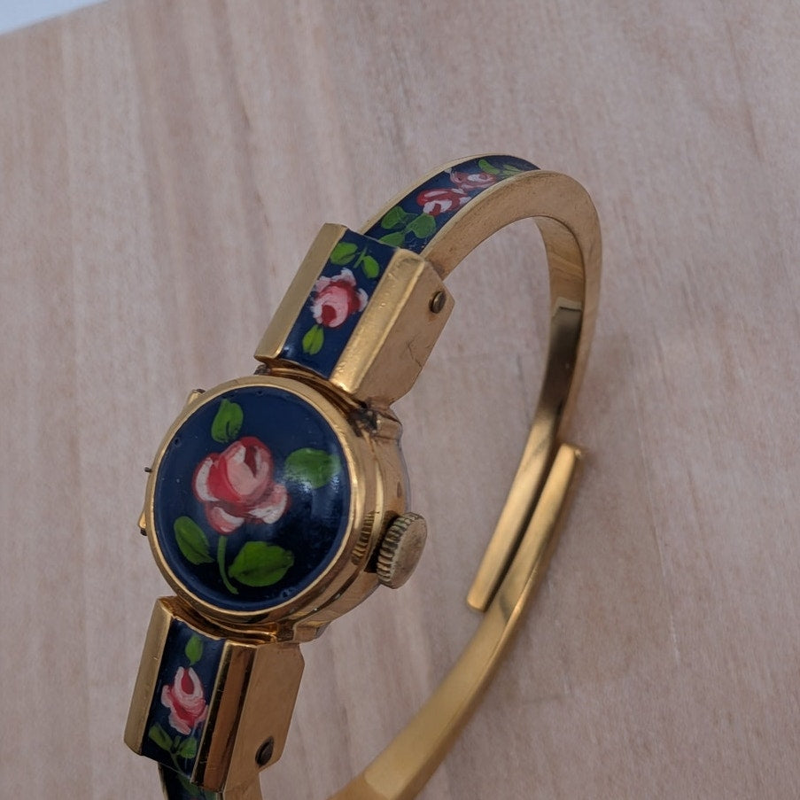Vintage Catorex Gold Tone Peekaboo Manual Watch Blue Enamel Red Flowers