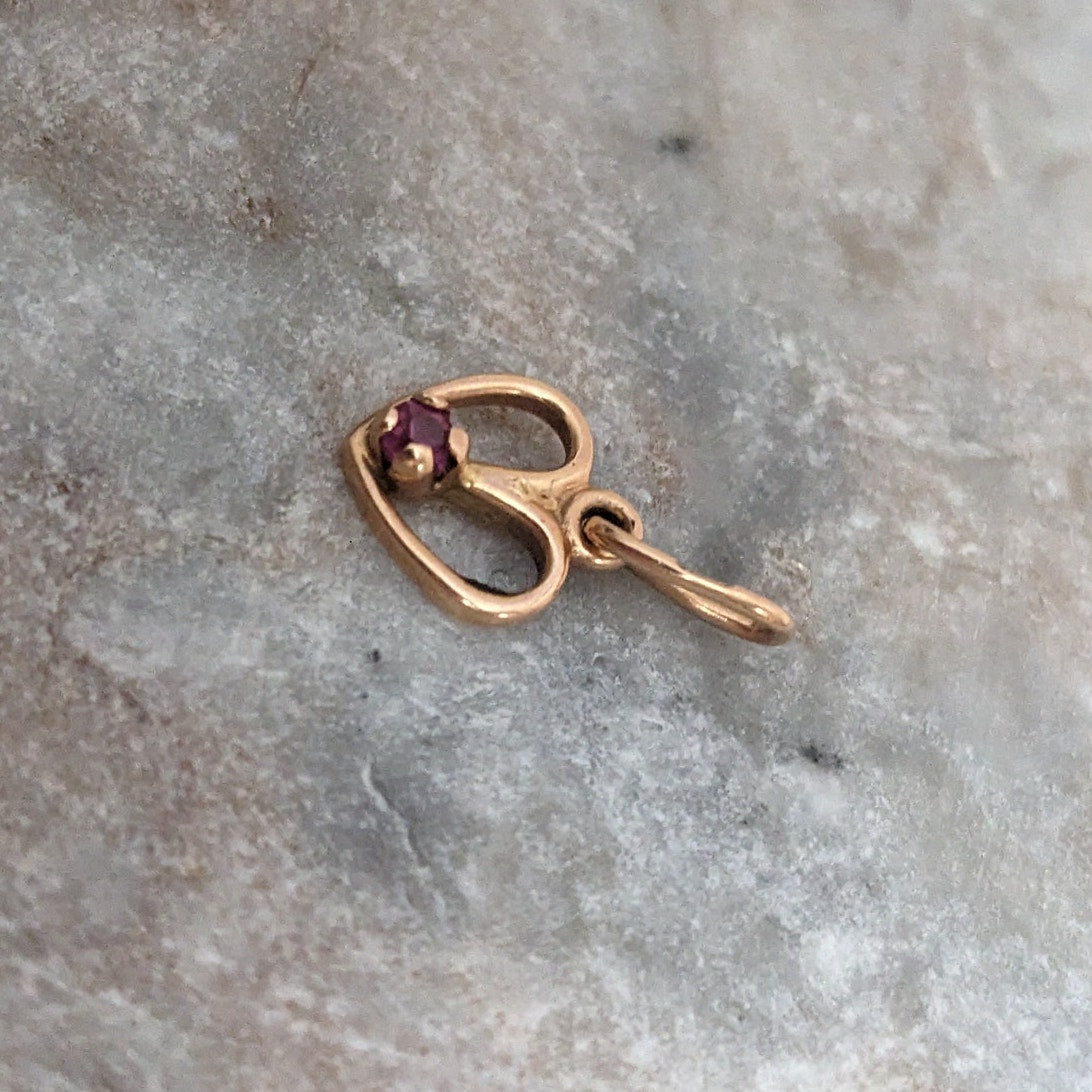 Vintage 14k Rose Gold Ultra Tiny Dainty Heart with Lab Ruby Charm
