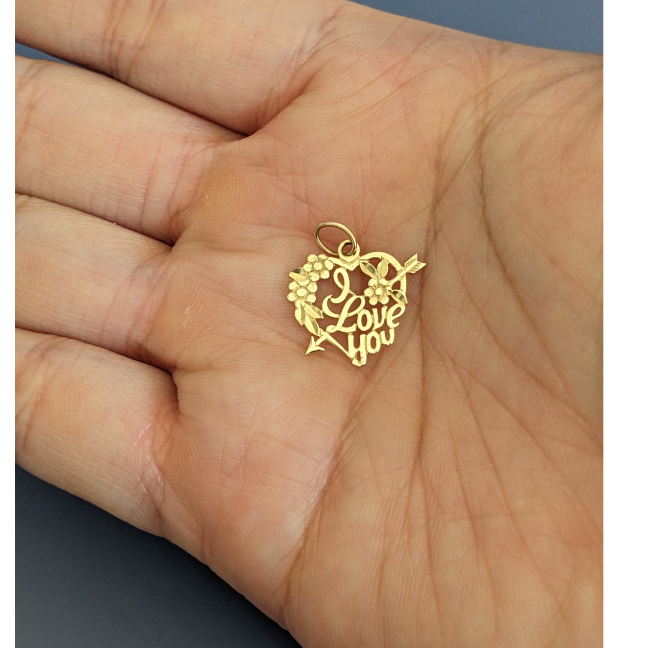 Estate 14k Yellow Gold "I Love You" Heart Pendant Charm with Arrow & Flowers