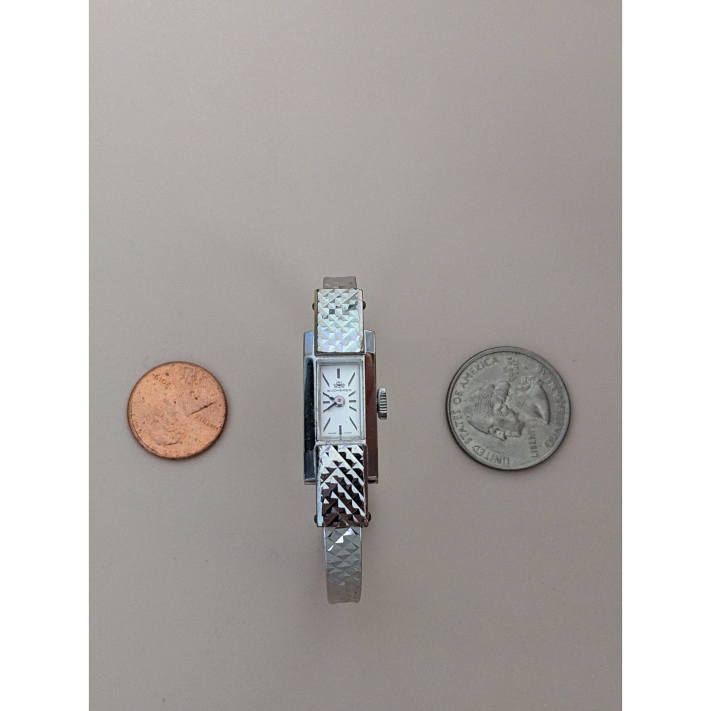 Vintage Andre Mouche Silver Tone Bangle Watch with Blue Floral Enamel Working