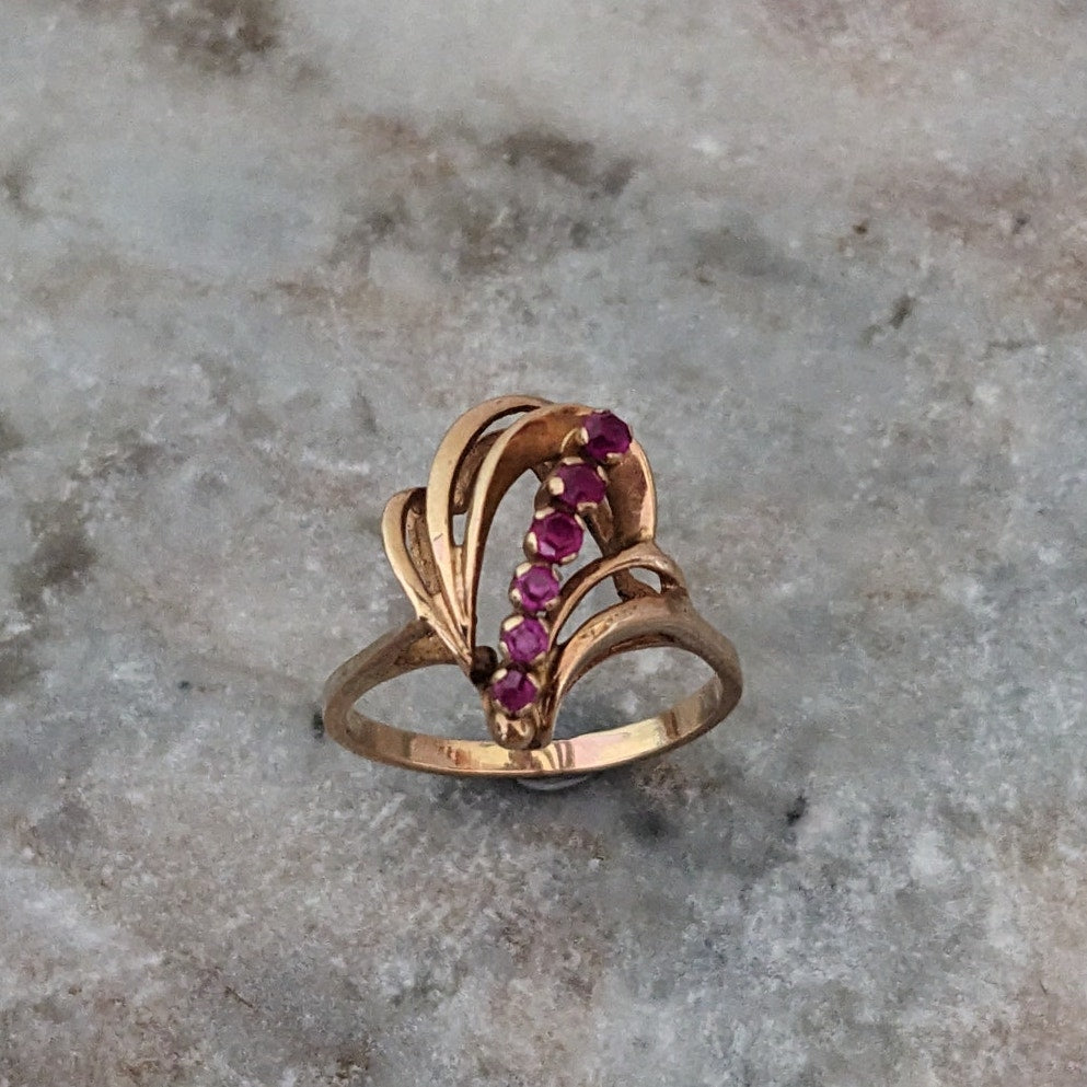 Vintage USSR 14k 1950s Gold Cocktail Abstract Ring with Lab Rubies Size 8.25
