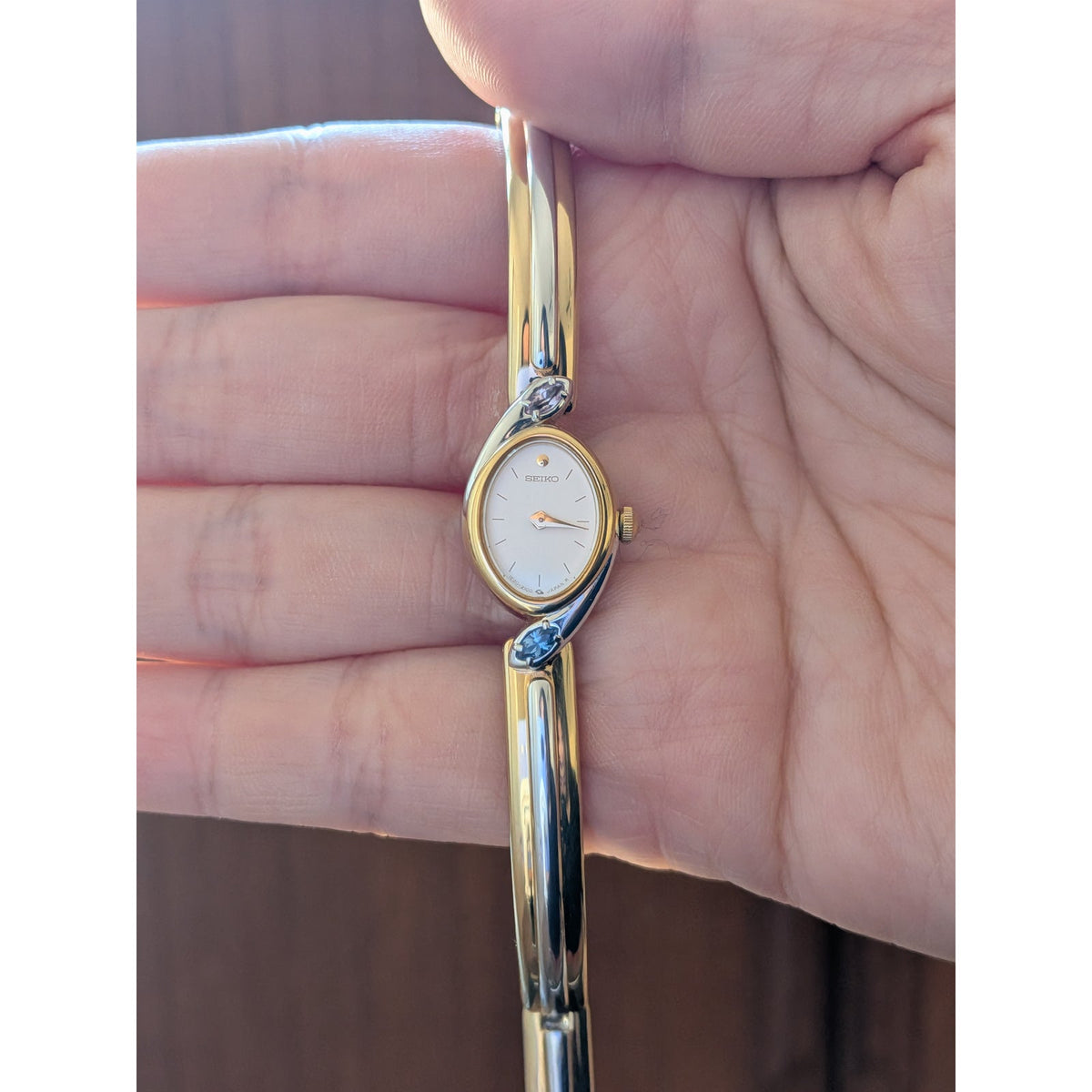 Vintage 1990s Seiko Two Tone Bangle Quartz Watch Dainty Dial Pink and Blue Stone