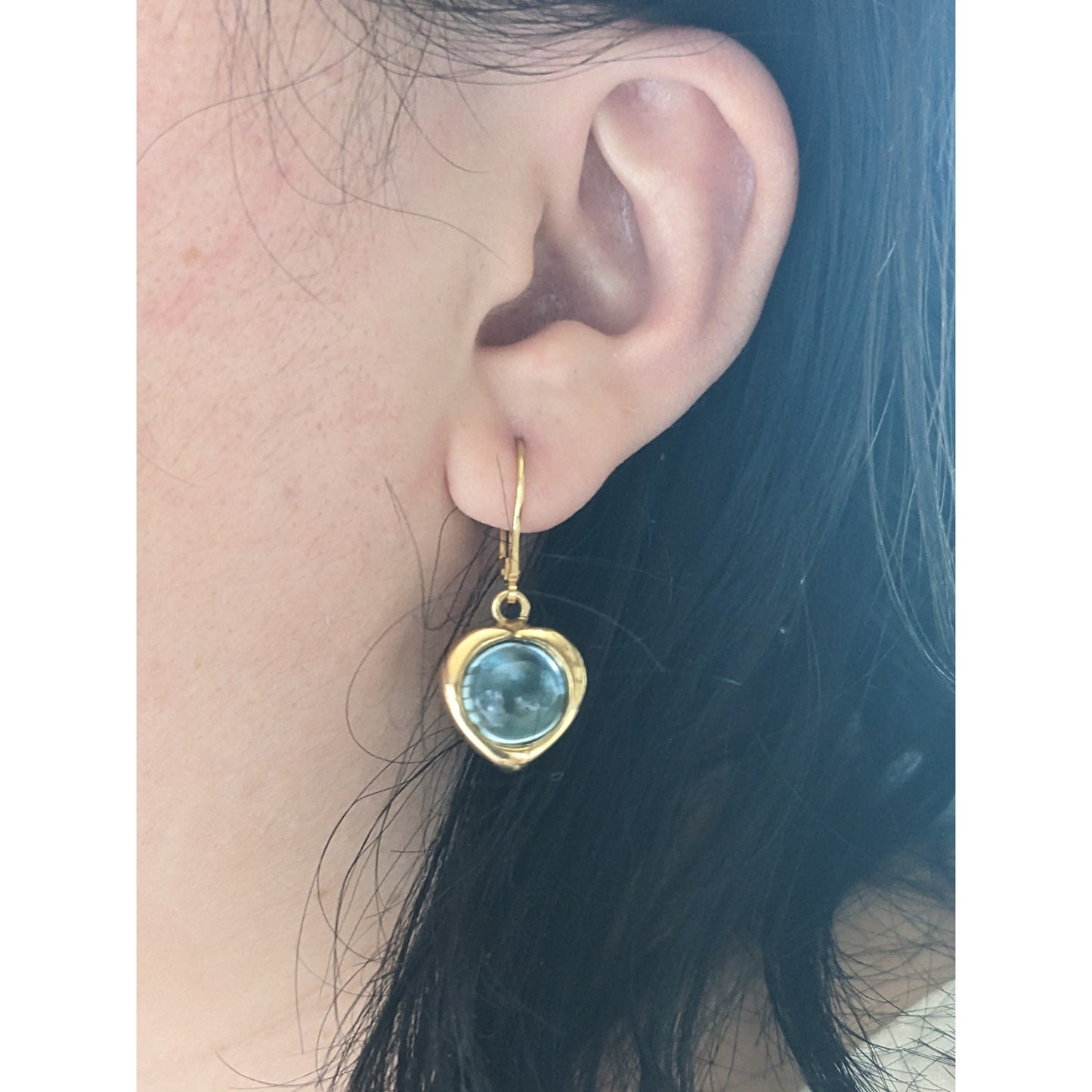 Vintage 18k Italy Heart Drop Earrings 10mm Round Blue Topaz Cabs