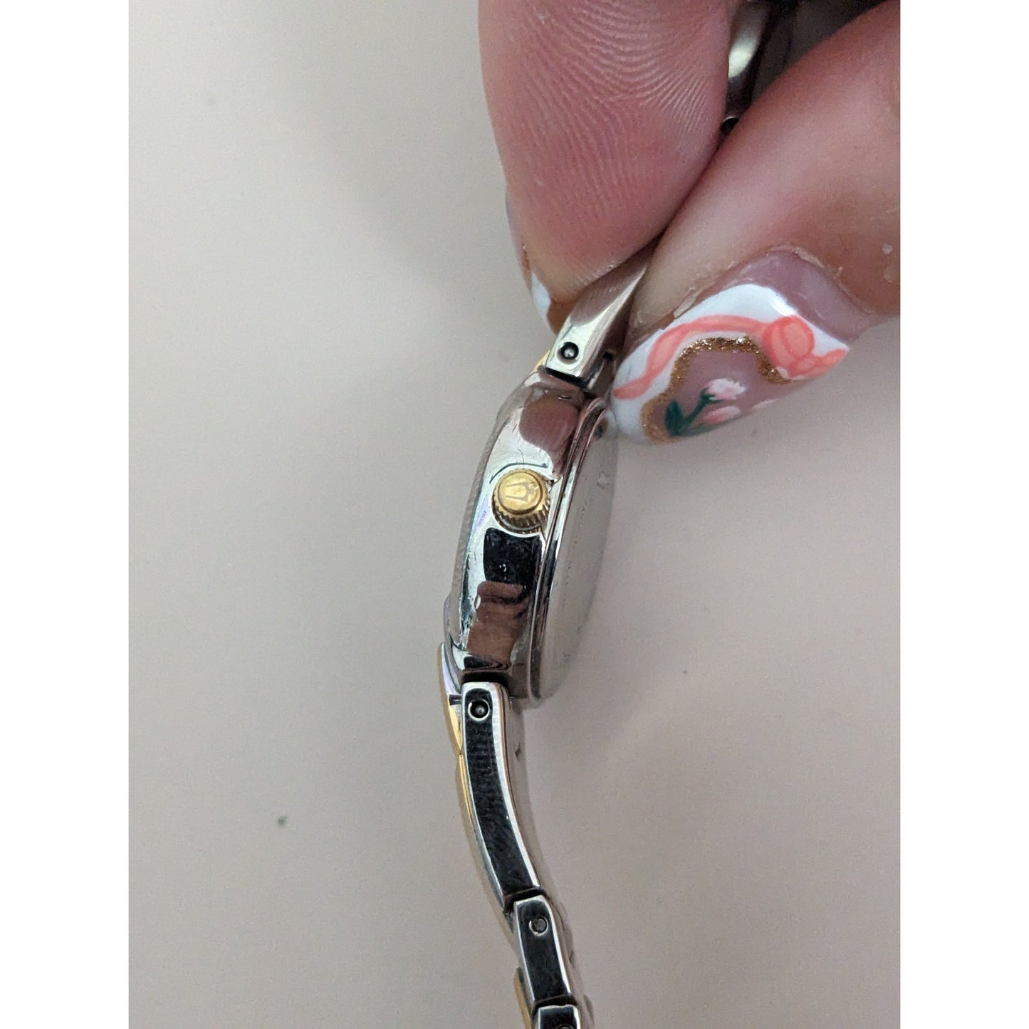 Vintage Andre Mouche Silver Tone Bangle Watch with Blue Floral Enamel Working