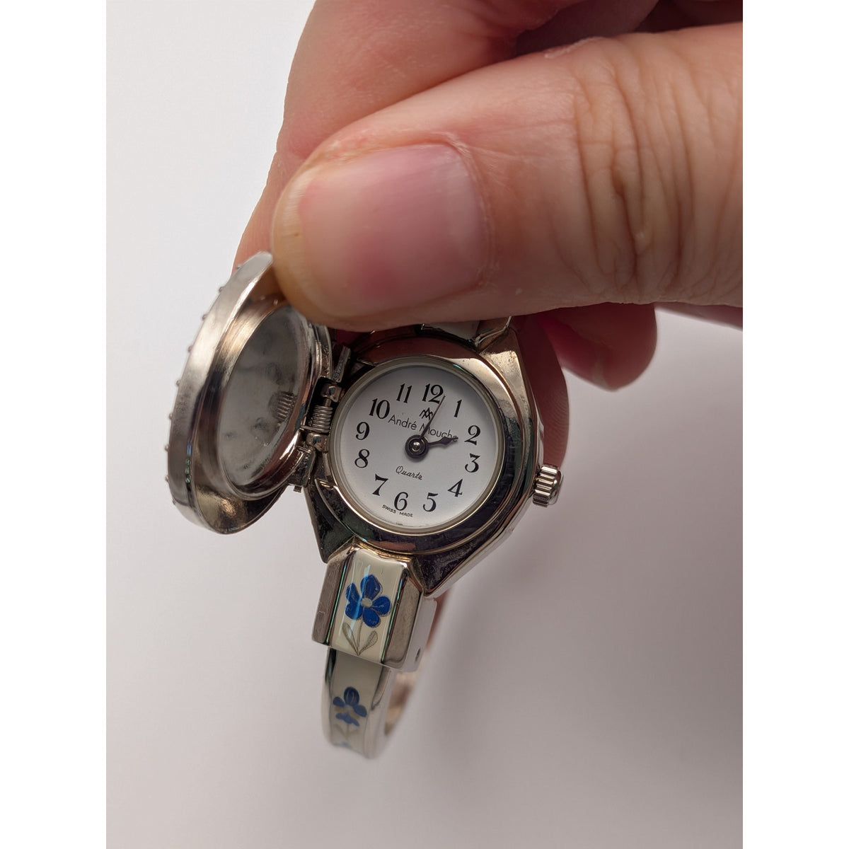 Vintage Andre Mouche Silver Tone Peekaboo Watch White Enamel Blue Flowers w/Box