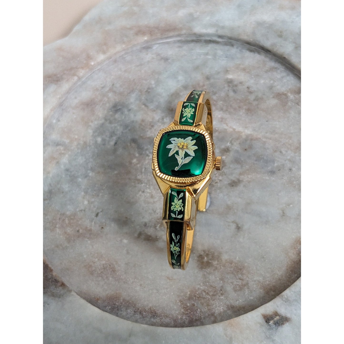 Vintage Andre Mouche Silver Tone Bangle Watch with Blue Floral Enamel Working