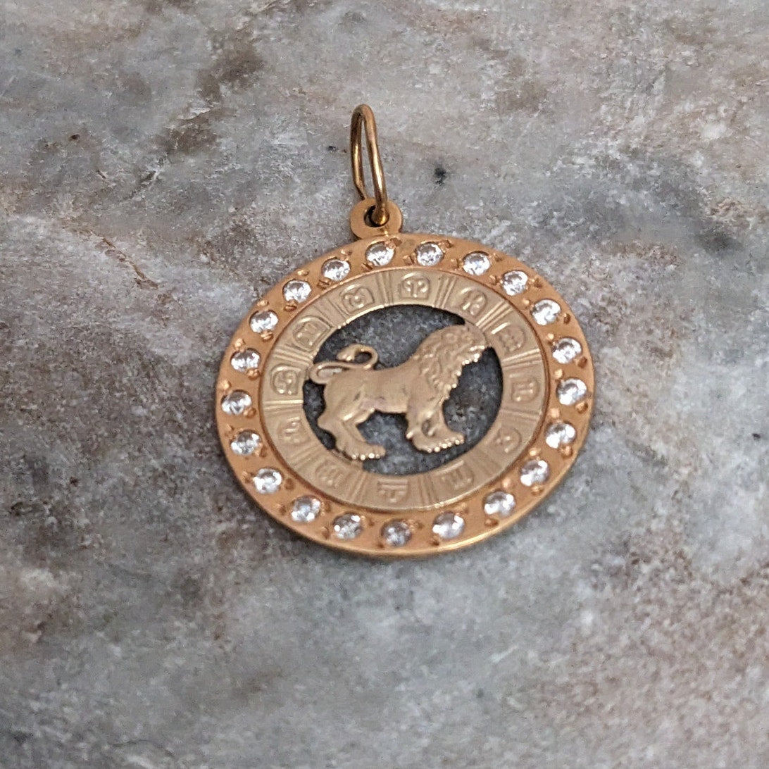 Vintage 14k Rose and Yellow Gold Leo Zodiac Charm Pendant White Stone Accents