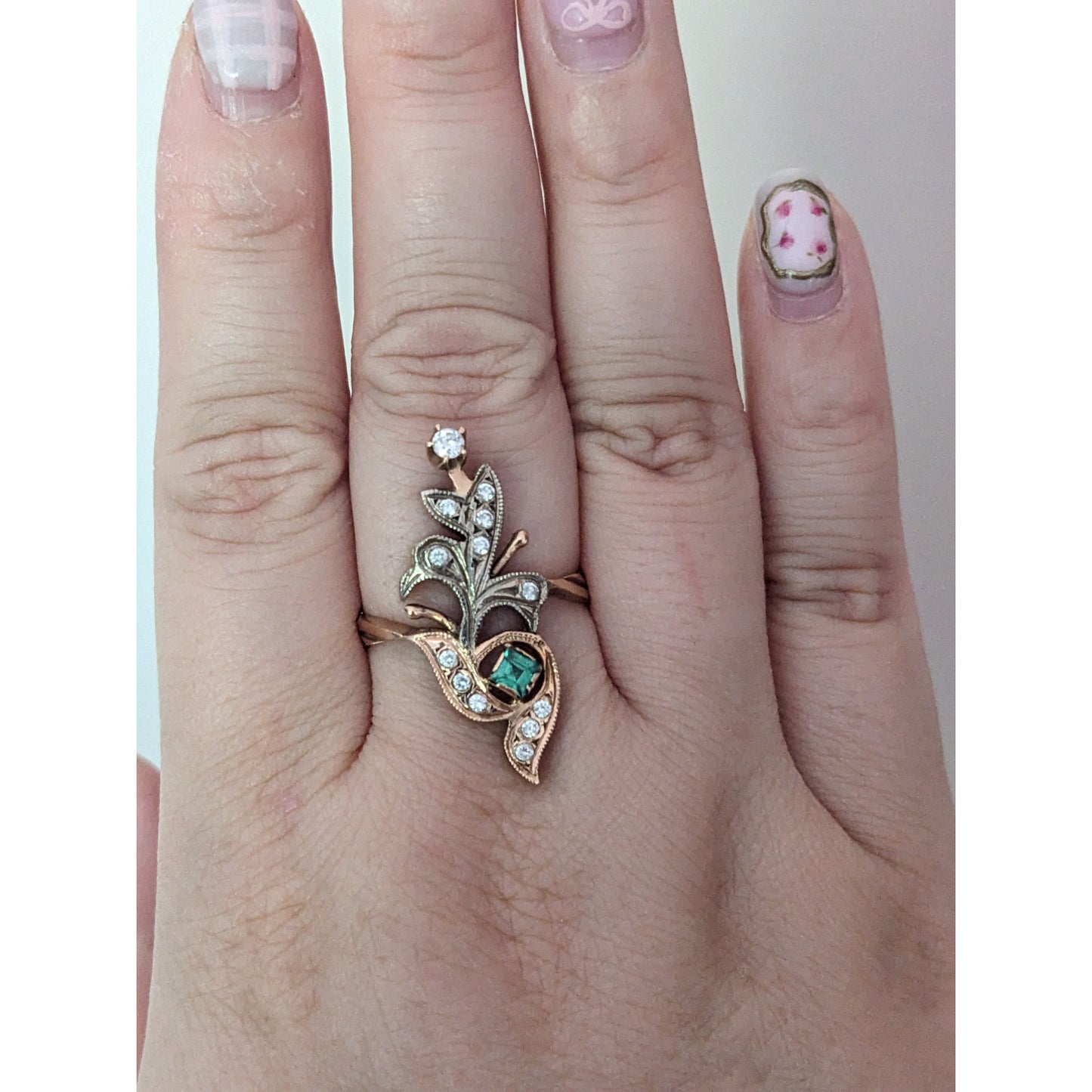 Vintage 1990s 14k Gold USSR Ring Size 9 & Earring Lab Emerald Natural Diamonds