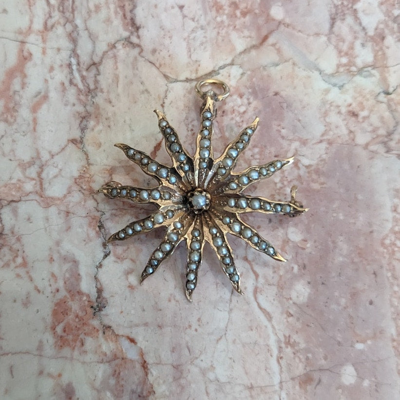 Vintage 10k Gold Starburst Sun with Seed Pearls Brooch / Pendant