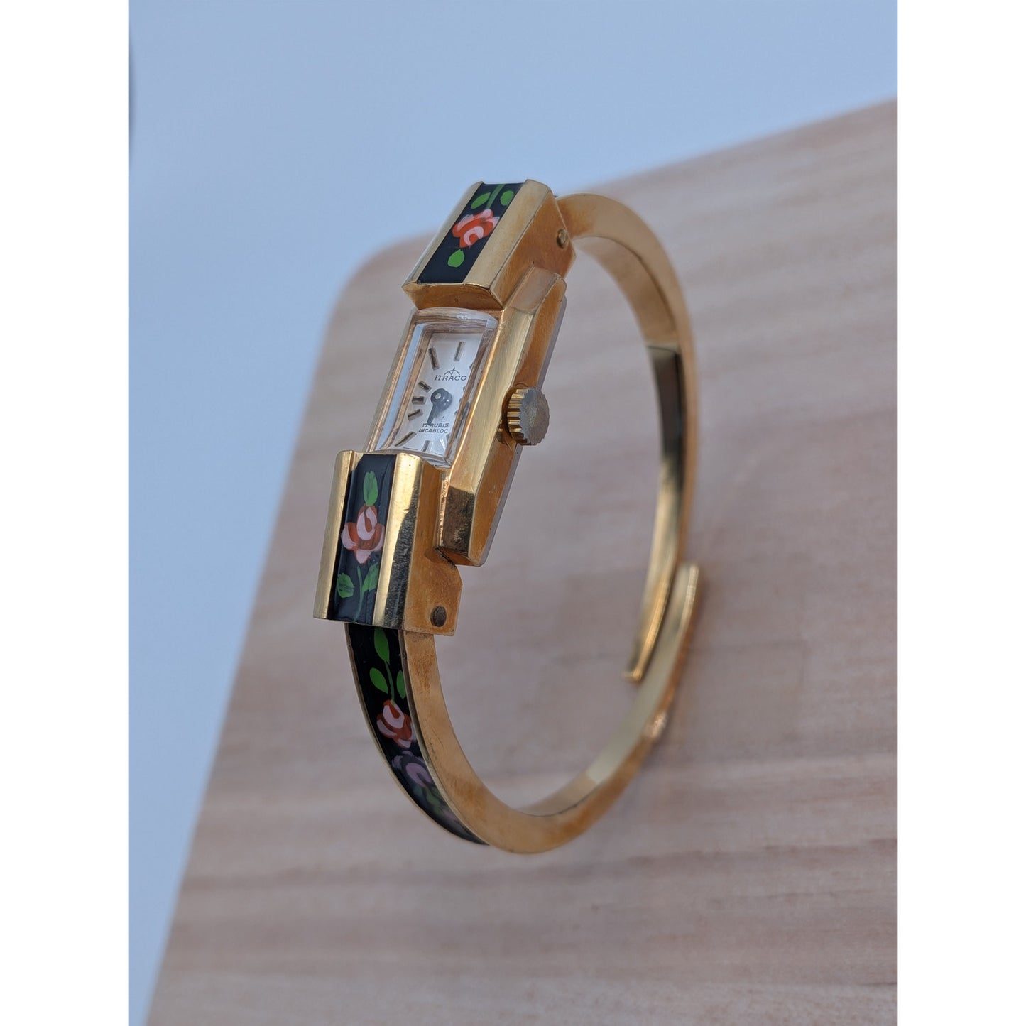 Vintage Itraco Gold Tone Dainty Bangle Watch Black Enamel Pink Purple Flowers