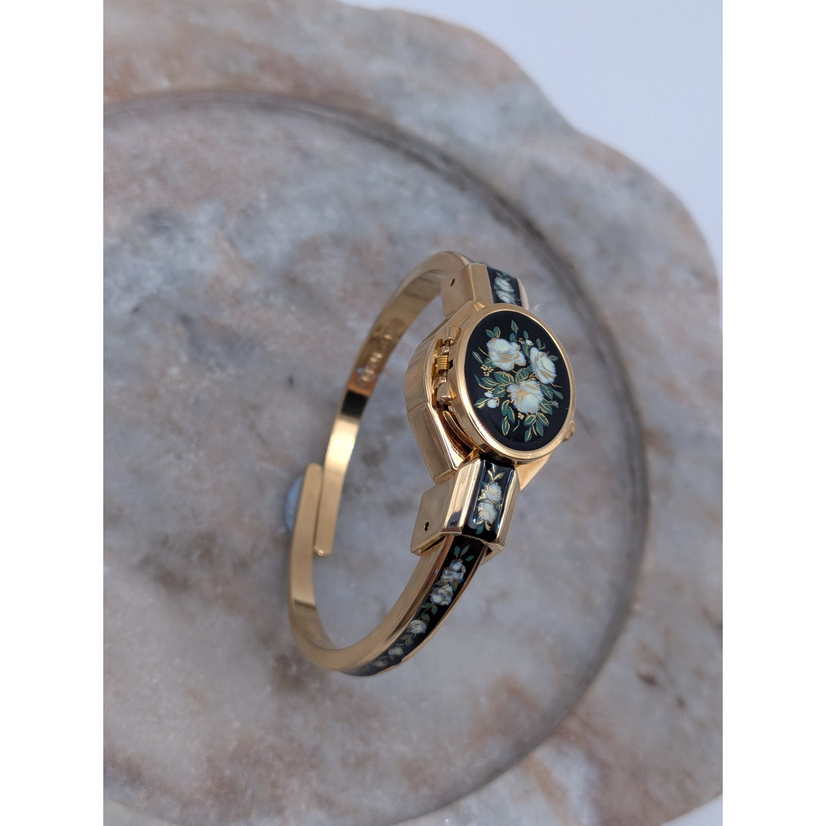 Preowned Andre Mouche 2000s Gold Tone Peekaboo Watch Black Enamel White Flowers