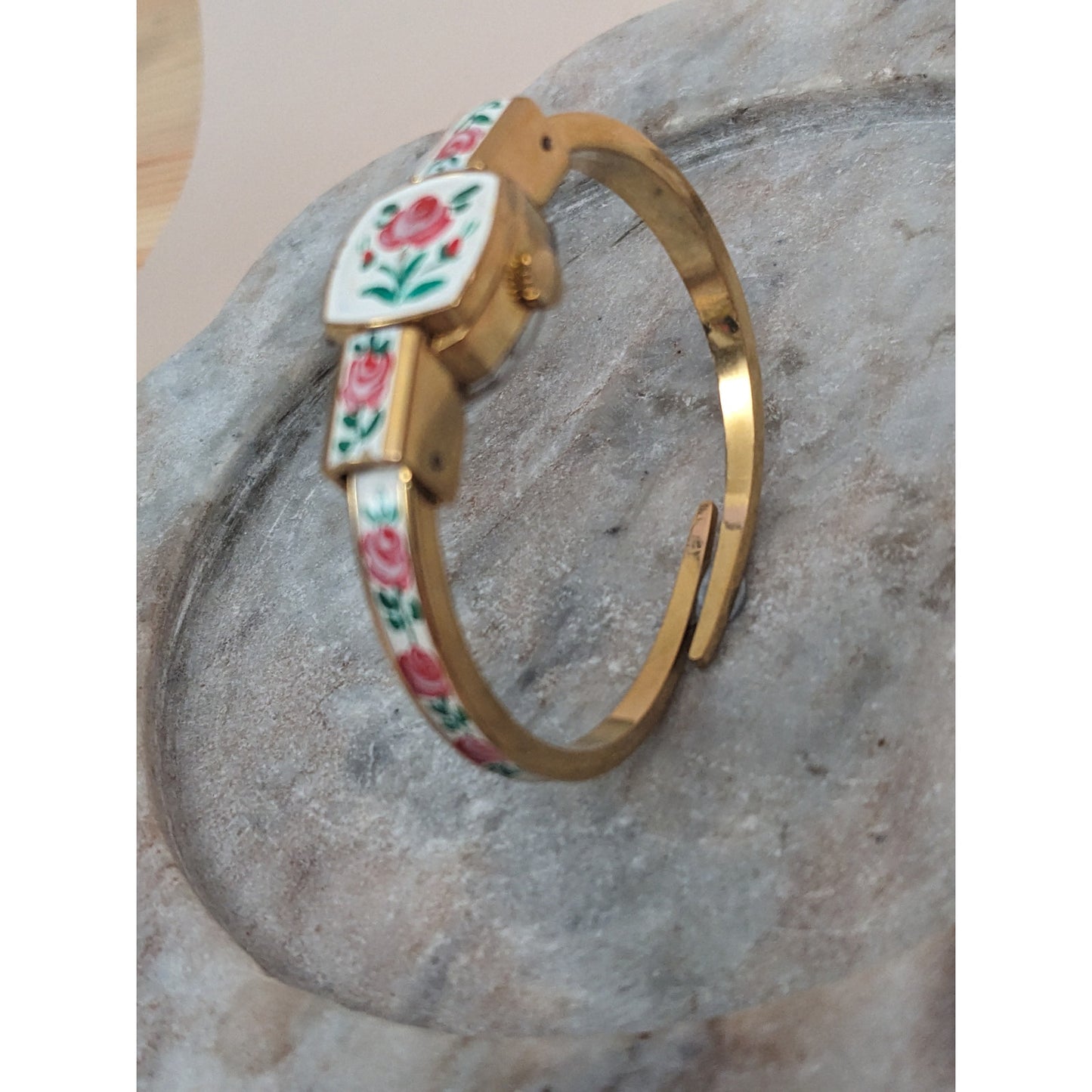 Vintage Andre Mouche Silver Tone Bangle Watch with Blue Floral Enamel Working