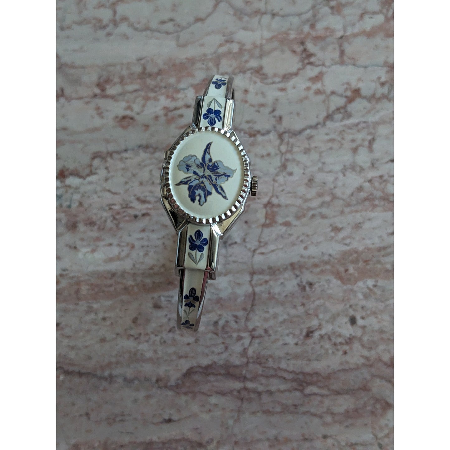 Vintage Andre Mouche Silver Tone Bangle Watch White Enamel Blue Flowers