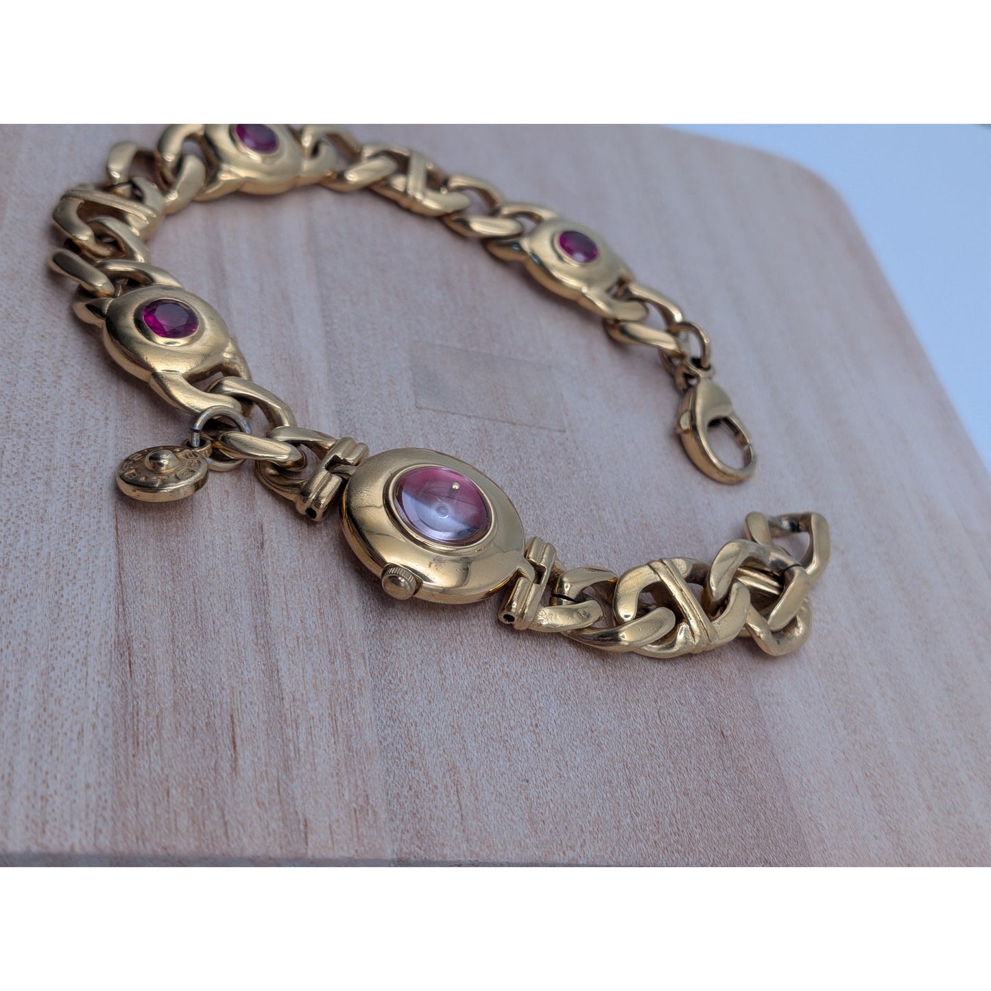 Vintage Seiko Tisse Gold Tone Cuban Link Watch with Pink Stones