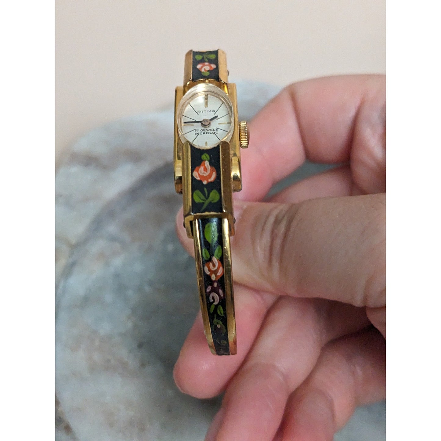 Vintage Andre Mouche Silver Tone Bangle Watch with Blue Floral Enamel Working