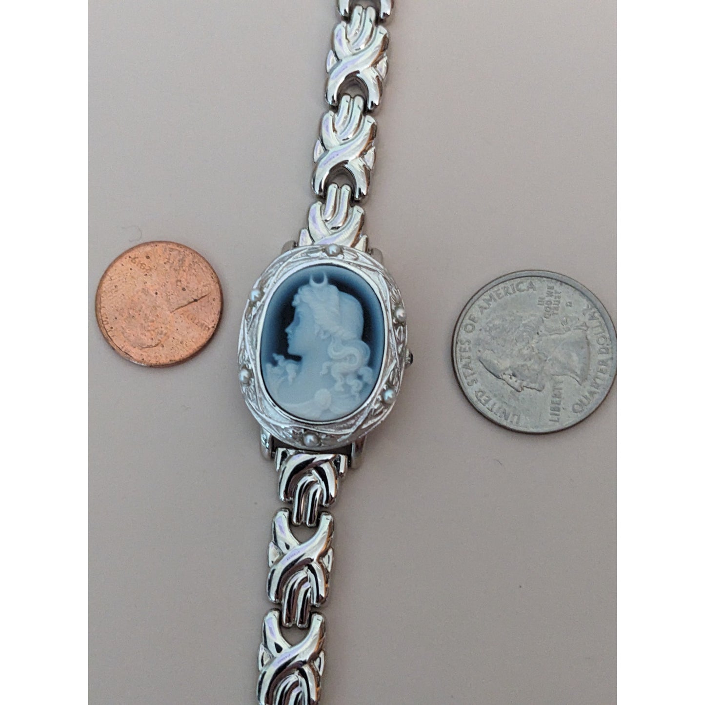 Vintage Andre Mouche Silver Tone Bangle Watch with Blue Floral Enamel Working