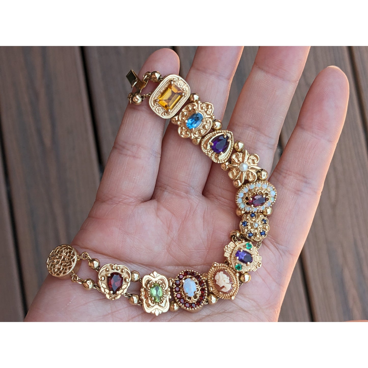 FLAW Vintage 14k Solid Gold Multi-Gemstone Slide Estate Bracelet