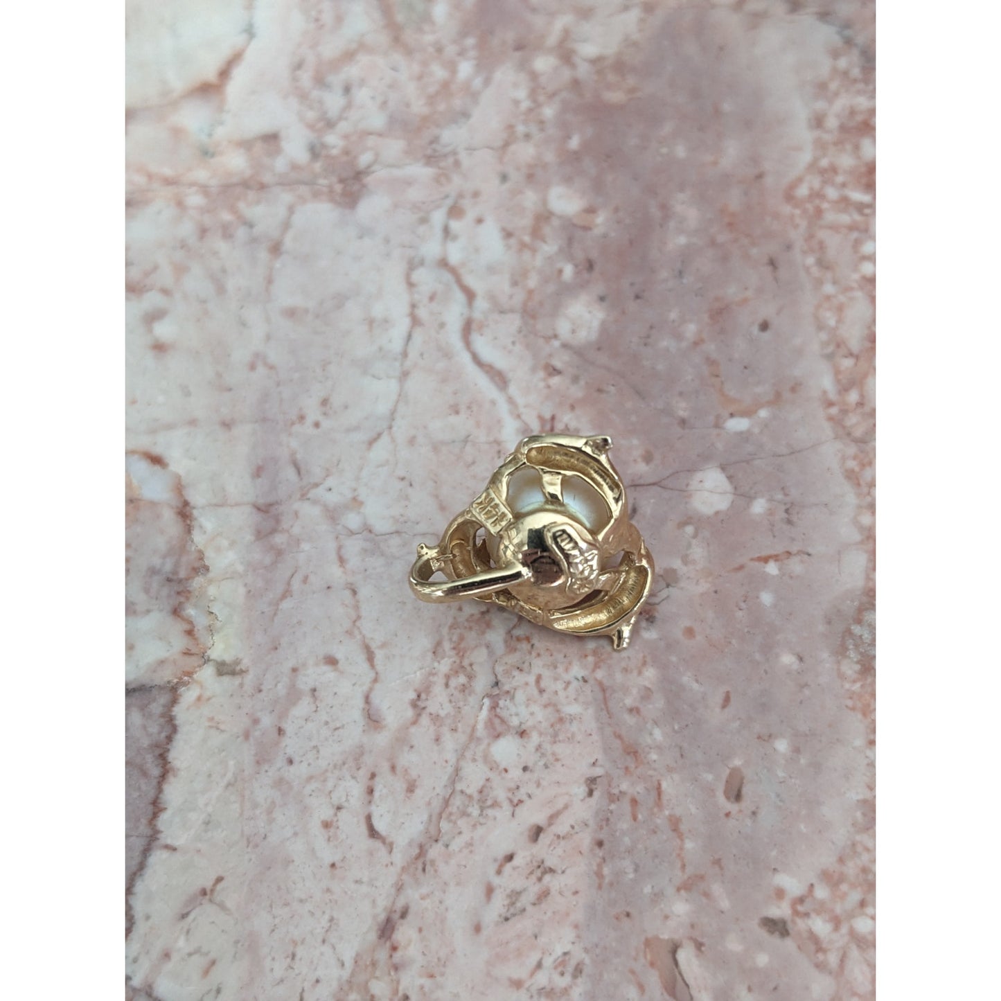 Vintage 14k Yellow Gold Wyland Cultured Pearl and Trio Dolphin Pendant