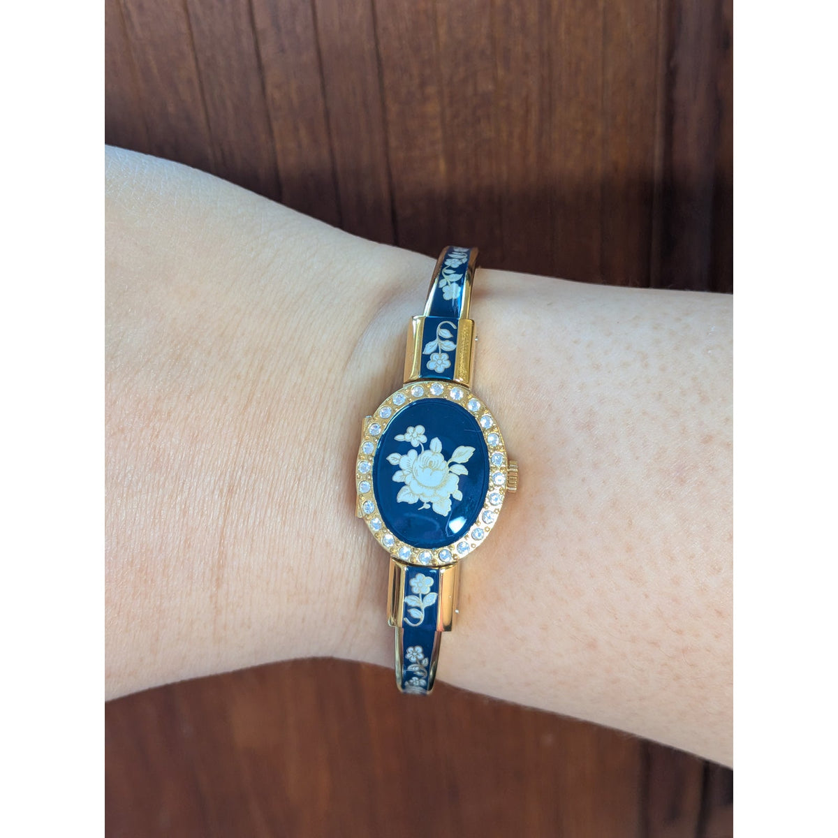 Vintage Andre Mouche Gold Tone Peekaboo Watch Blue Enamel White Flowers in Box
