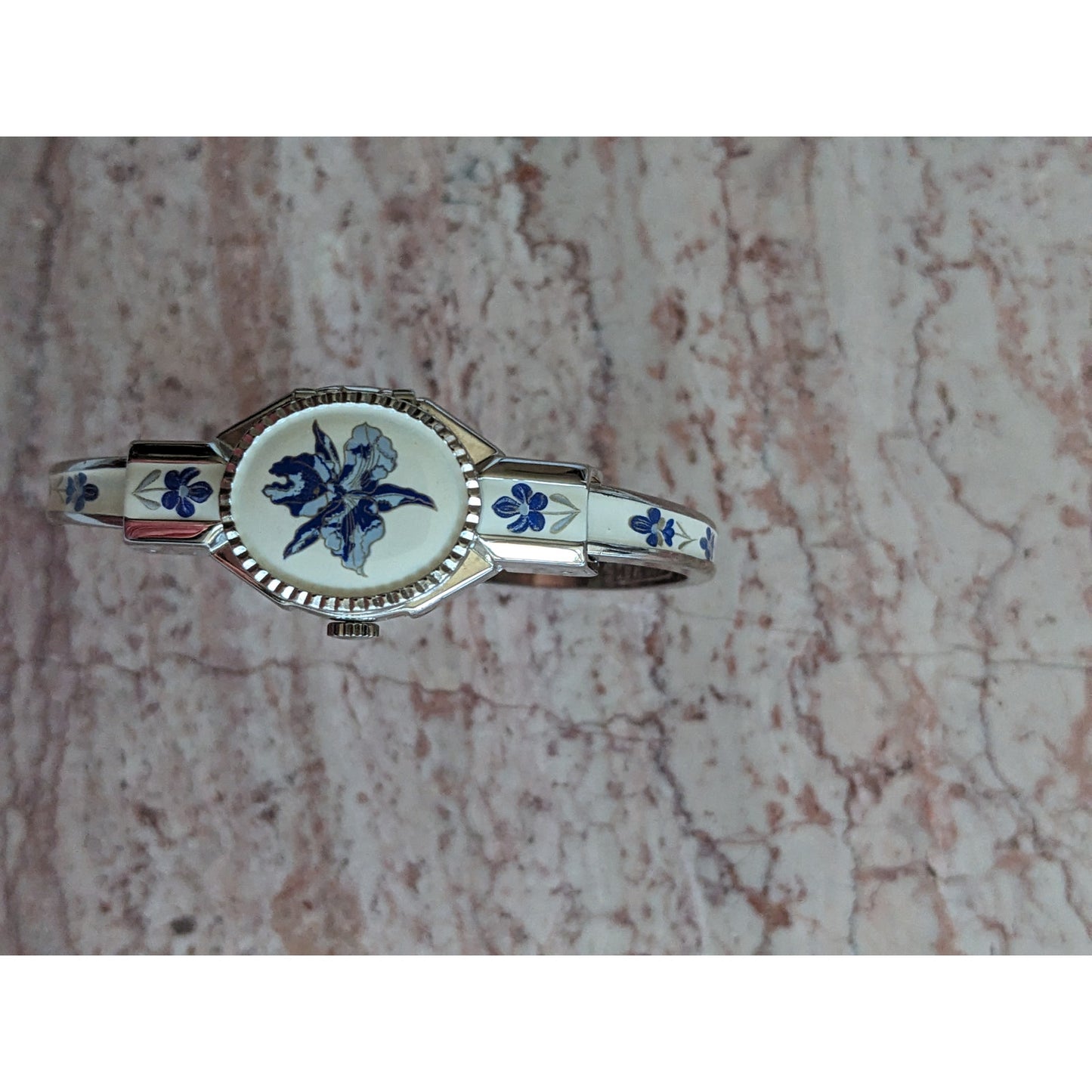 Vintage Andre Mouche Silver Tone Bangle Watch White Enamel Blue Flowers