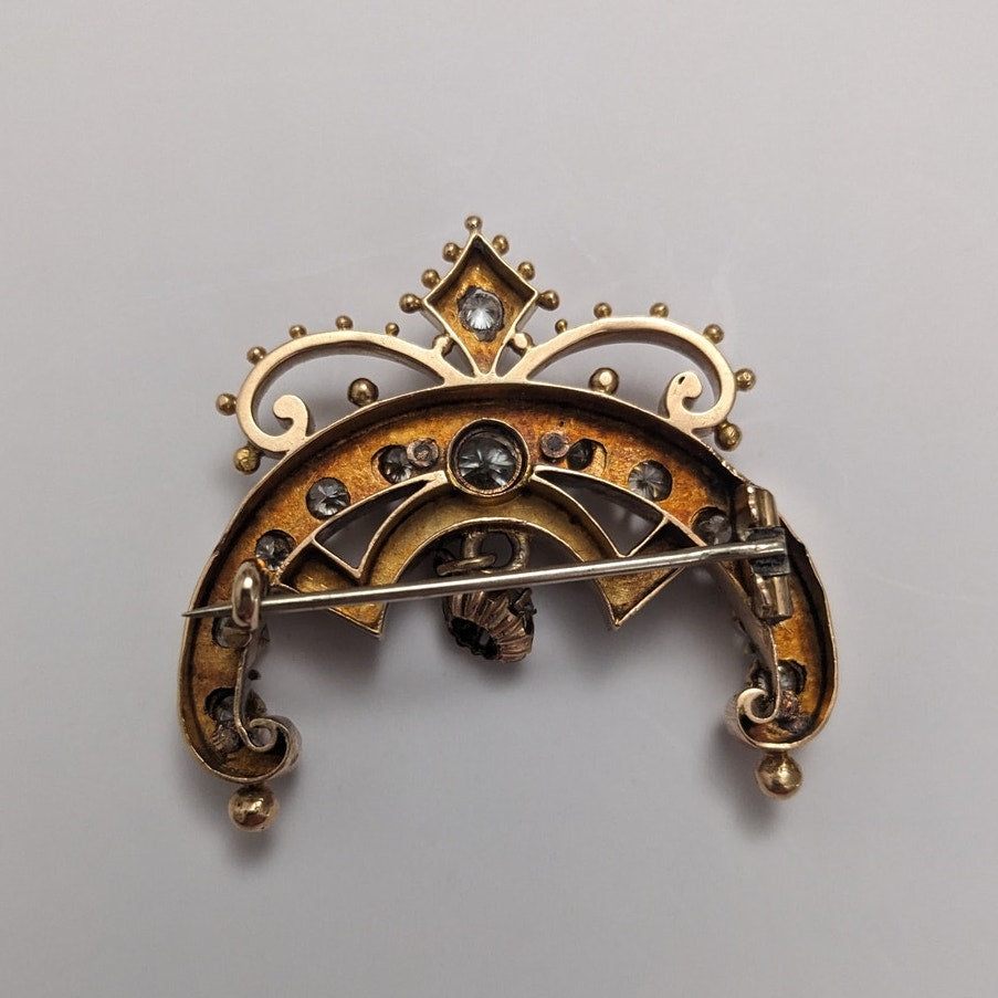 Antique Unmarked 14k Black Enamel & Diamond Crescent Moon Brooch