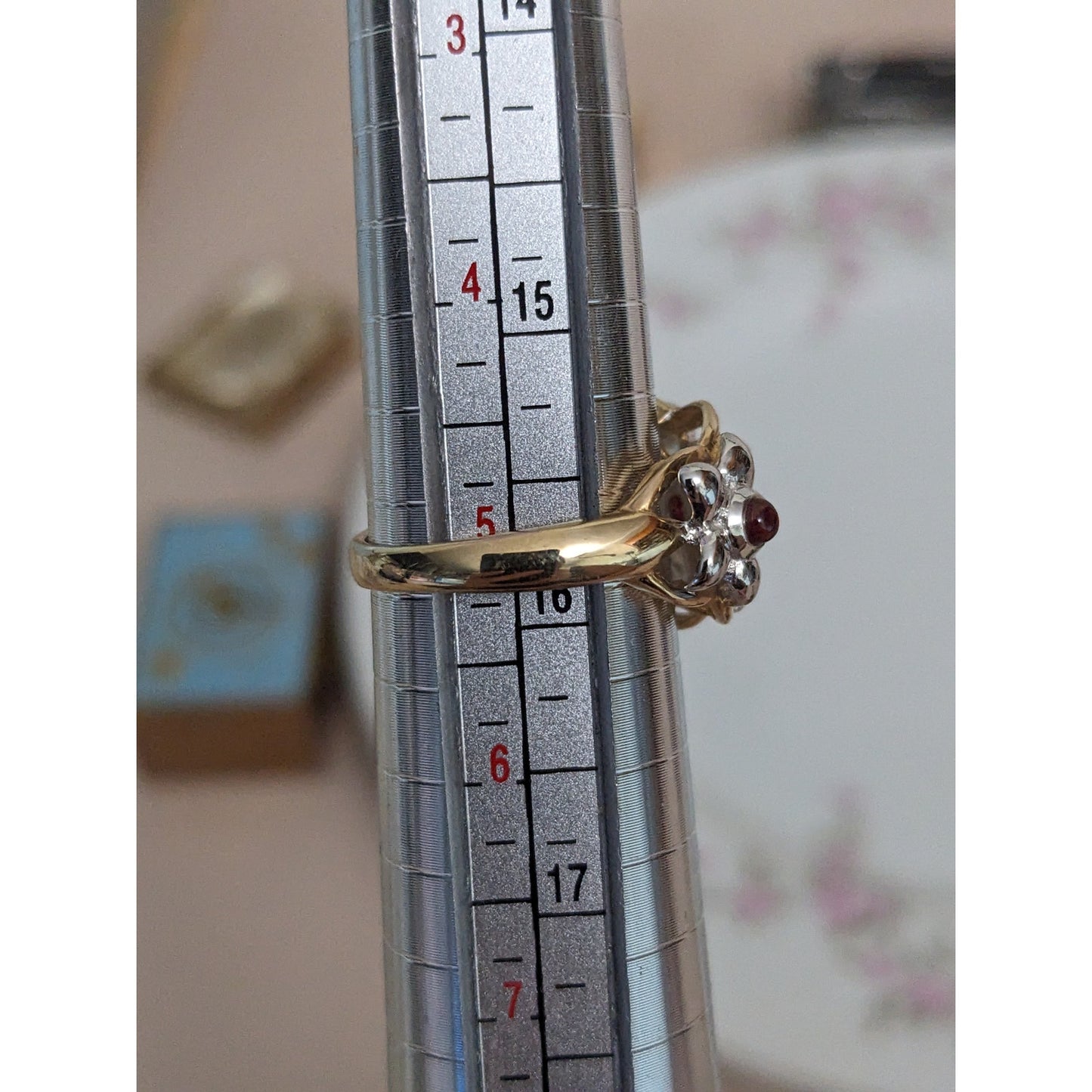 Estate 14k Yellow and White Gold Flower Ring with Pink Gems Size 5 US