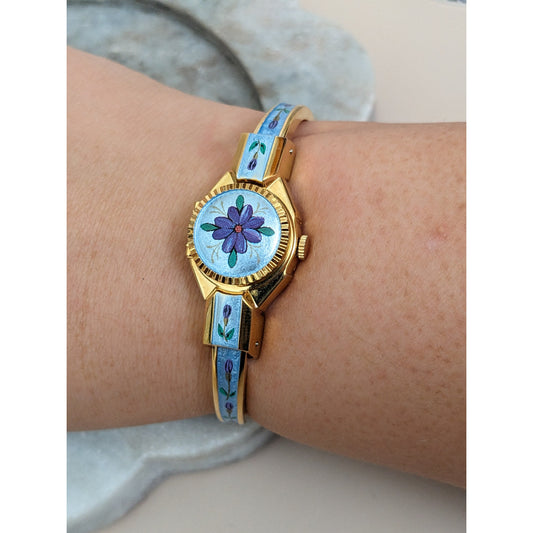 Vintage Andre Mouche Silver Tone Bangle Watch with Blue Floral Enamel Working