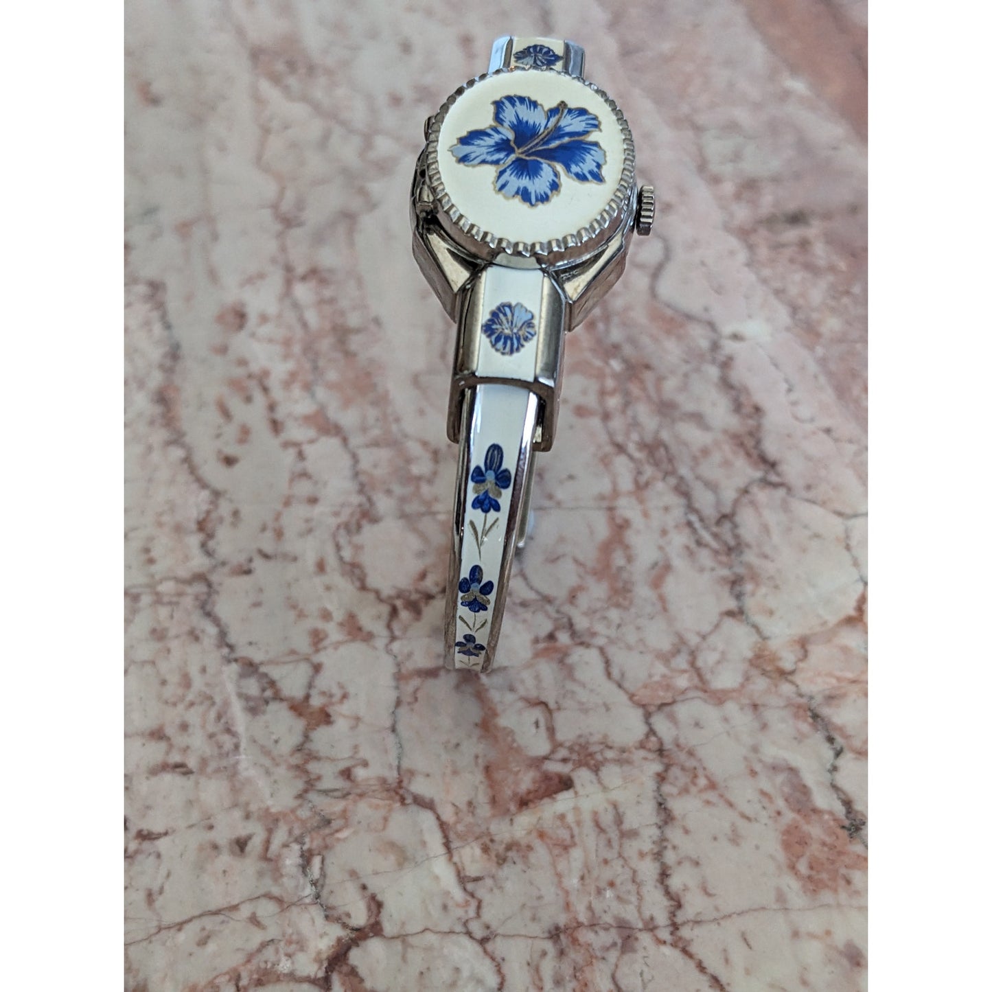 Vintage Andre Mouche Silver Tone Bangle Watch White Enamel Blue Flowers