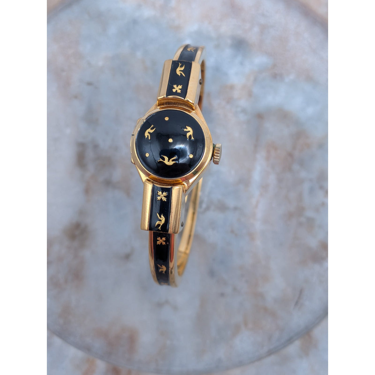 Vintage Consul MANUAL Gold Tone Peekaboo Watch Black Enamel Gold Birds & Flowers