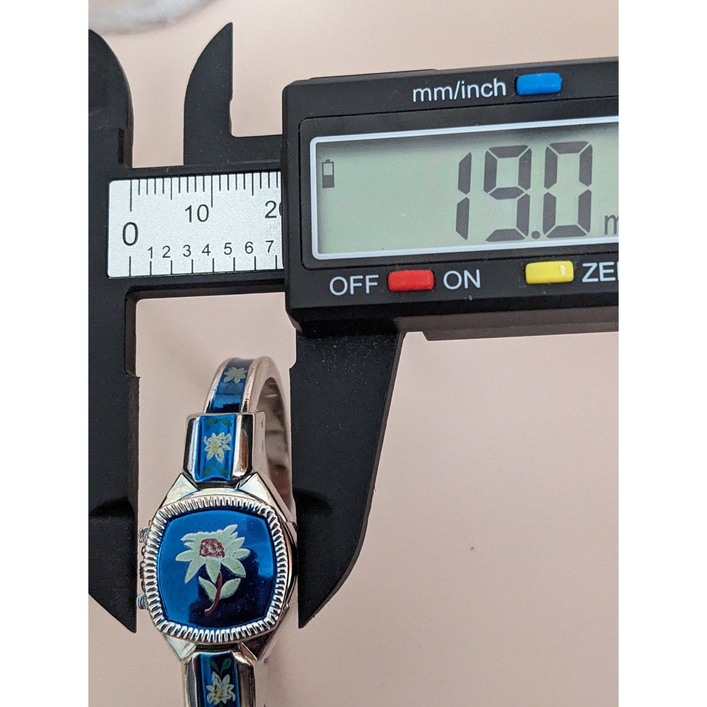 Vintage Andre Mouche Silver Tone Bangle Watch with Blue Floral Enamel Working