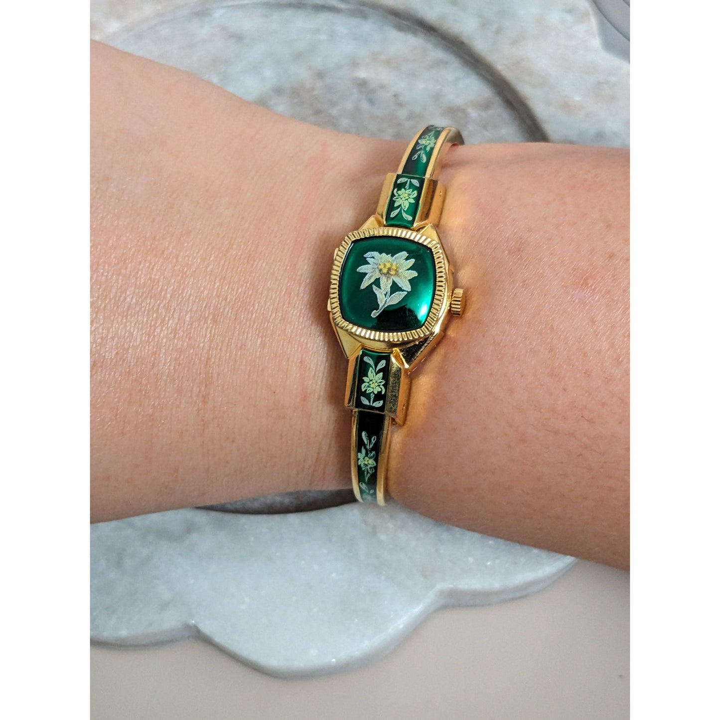 Vintage Andre Mouche Silver Tone Bangle Watch with Blue Floral Enamel Working