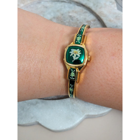 Vintage Andre Mouche Silver Tone Bangle Watch with Blue Floral Enamel Working