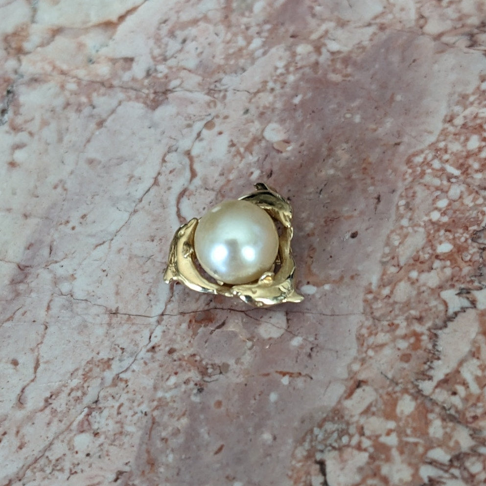 Vintage 14k Yellow Gold Wyland Cultured Pearl and Trio Dolphin Pendant