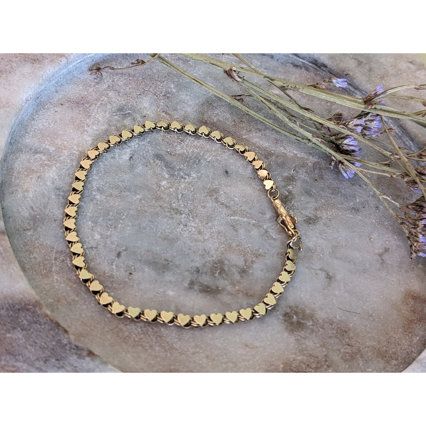 Estate 14k Yellow Gold Heart Links Chain Bracelet 7.5in