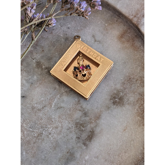 Vintage 14k Yellow Gold Happy Birthday Cake Hearts Pendant