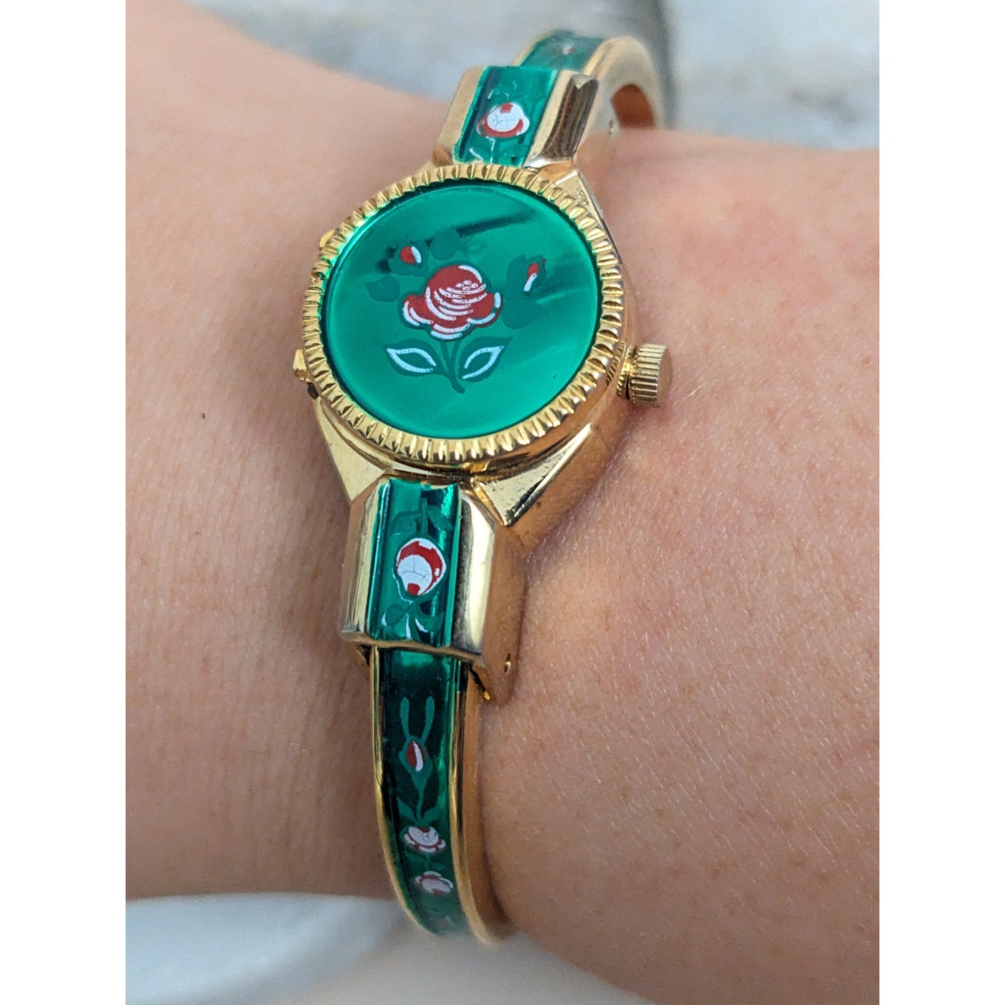 Vintage Andre Mouche Silver Tone Bangle Watch with Blue Floral Enamel Working