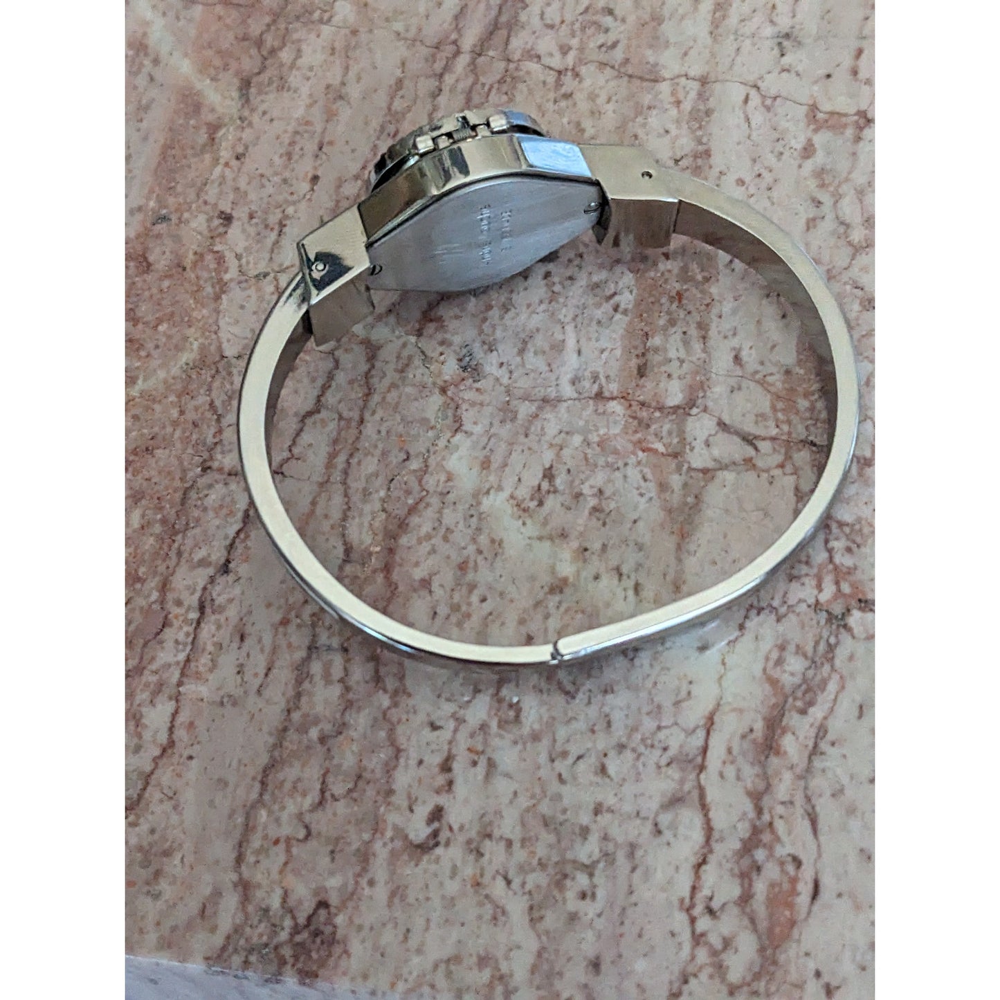 Vintage Andre Mouche Silver Tone Bangle Watch White Enamel Blue Flowers