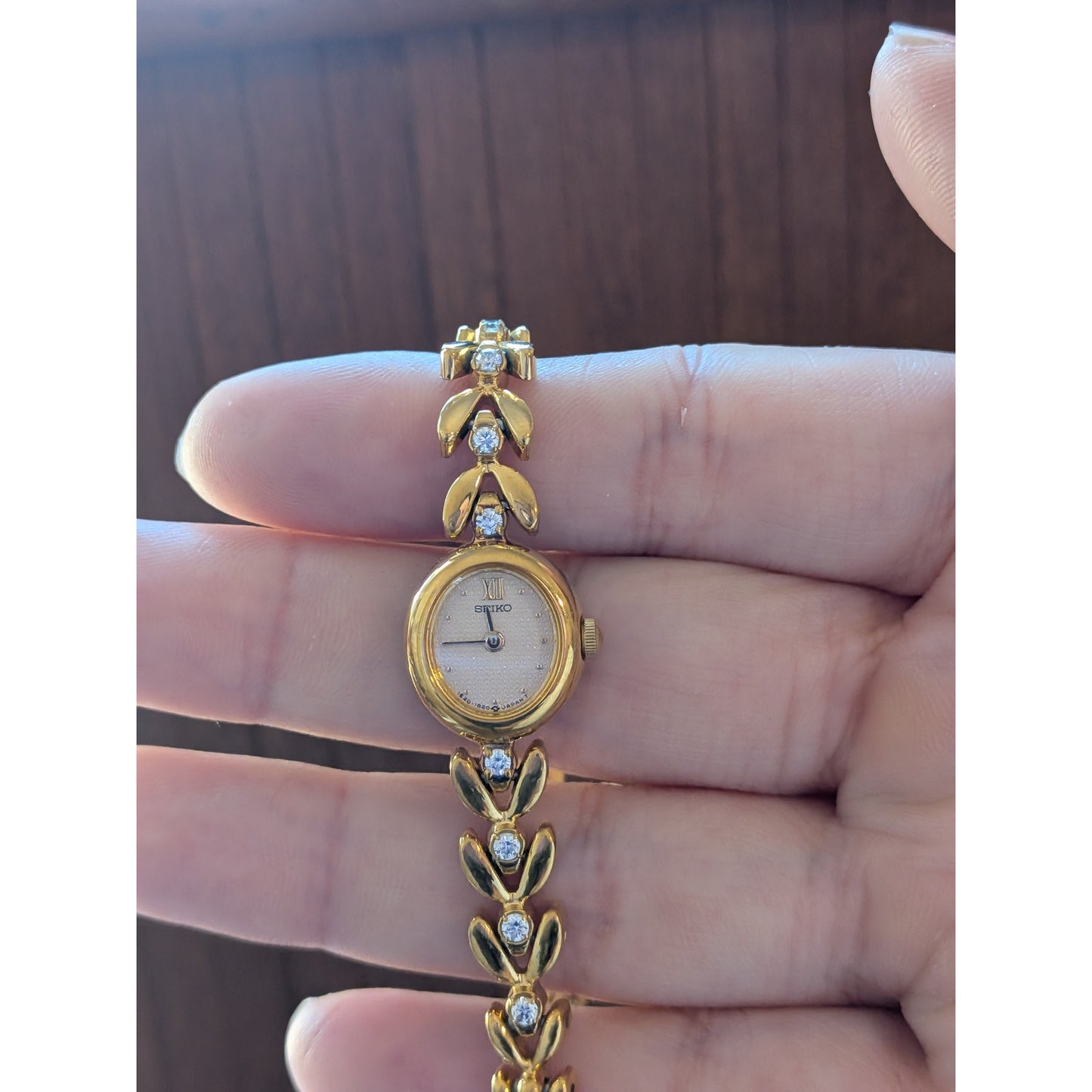 Vintage Seiko Gold Tone Quartz Watch Dainty Dial and White Stones