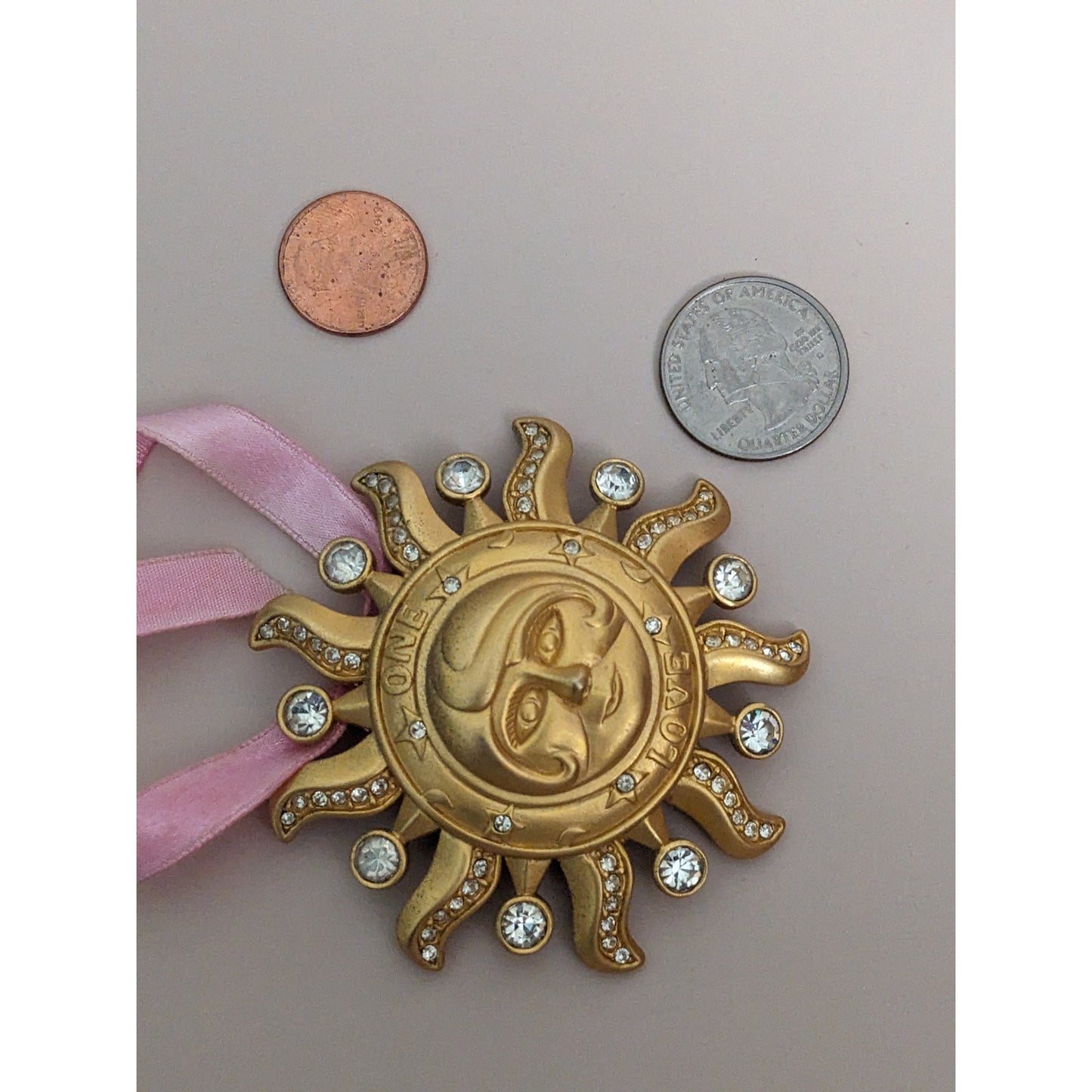 Vintage Kirks Folly Gold Tone Sun Face One Love Brooch/Pendant