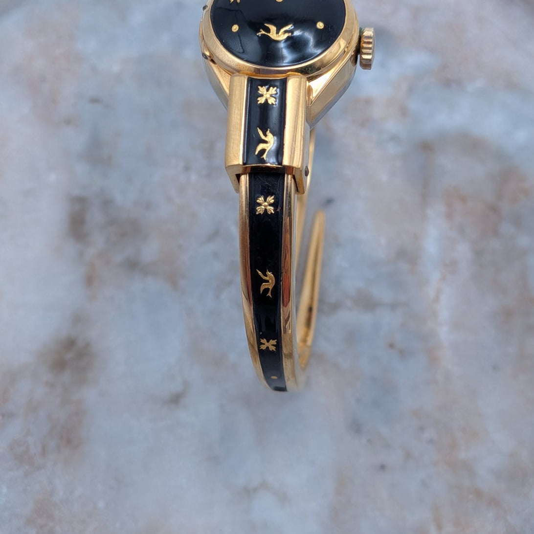 Vintage Consul MANUAL Gold Tone Peekaboo Watch Black Enamel Gold Birds & Flowers