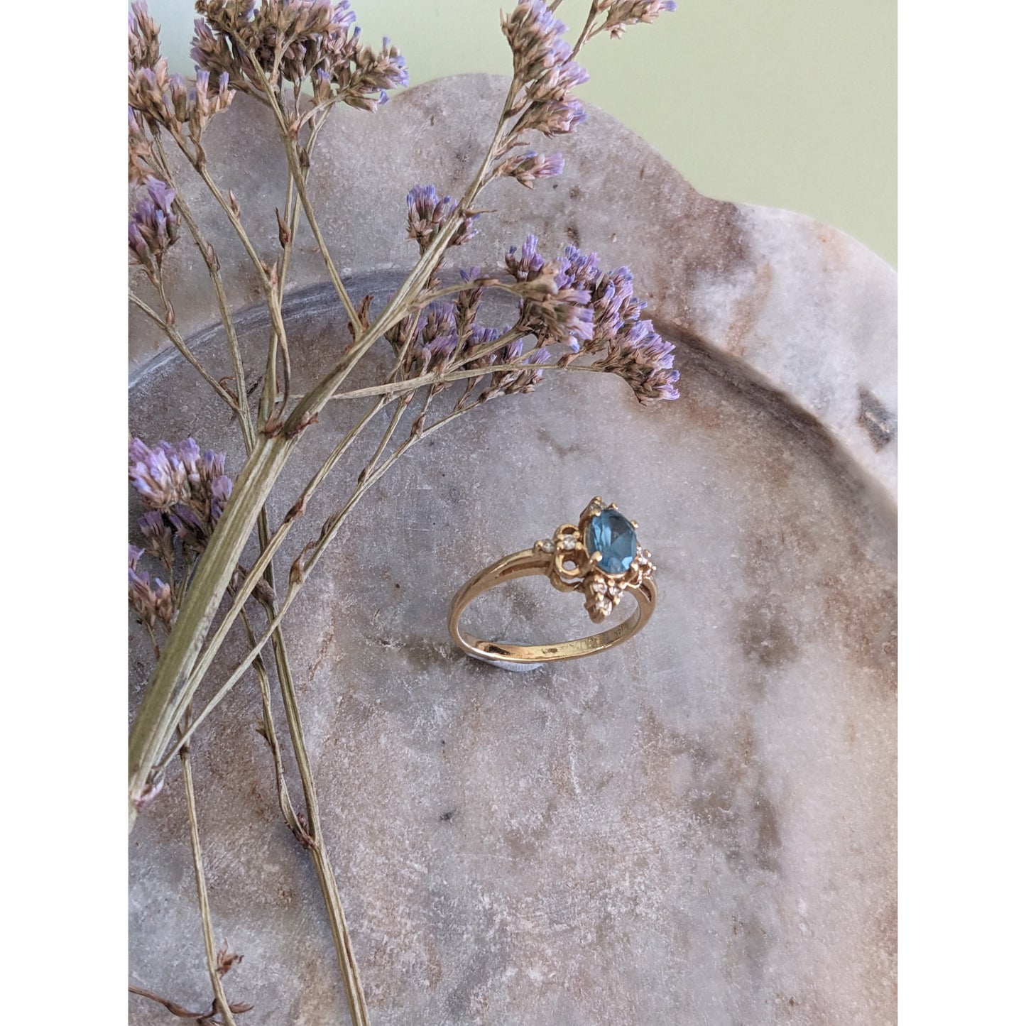 Vintage 14k Yellow Gold Ring with Blue Gem and Diamond Accents 7.75US