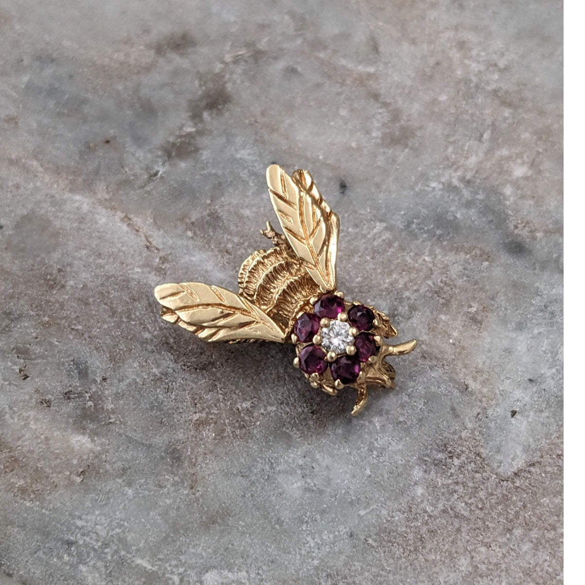 Vintage 14k Yellow Gold Ruby and Diamond Bee Brooch